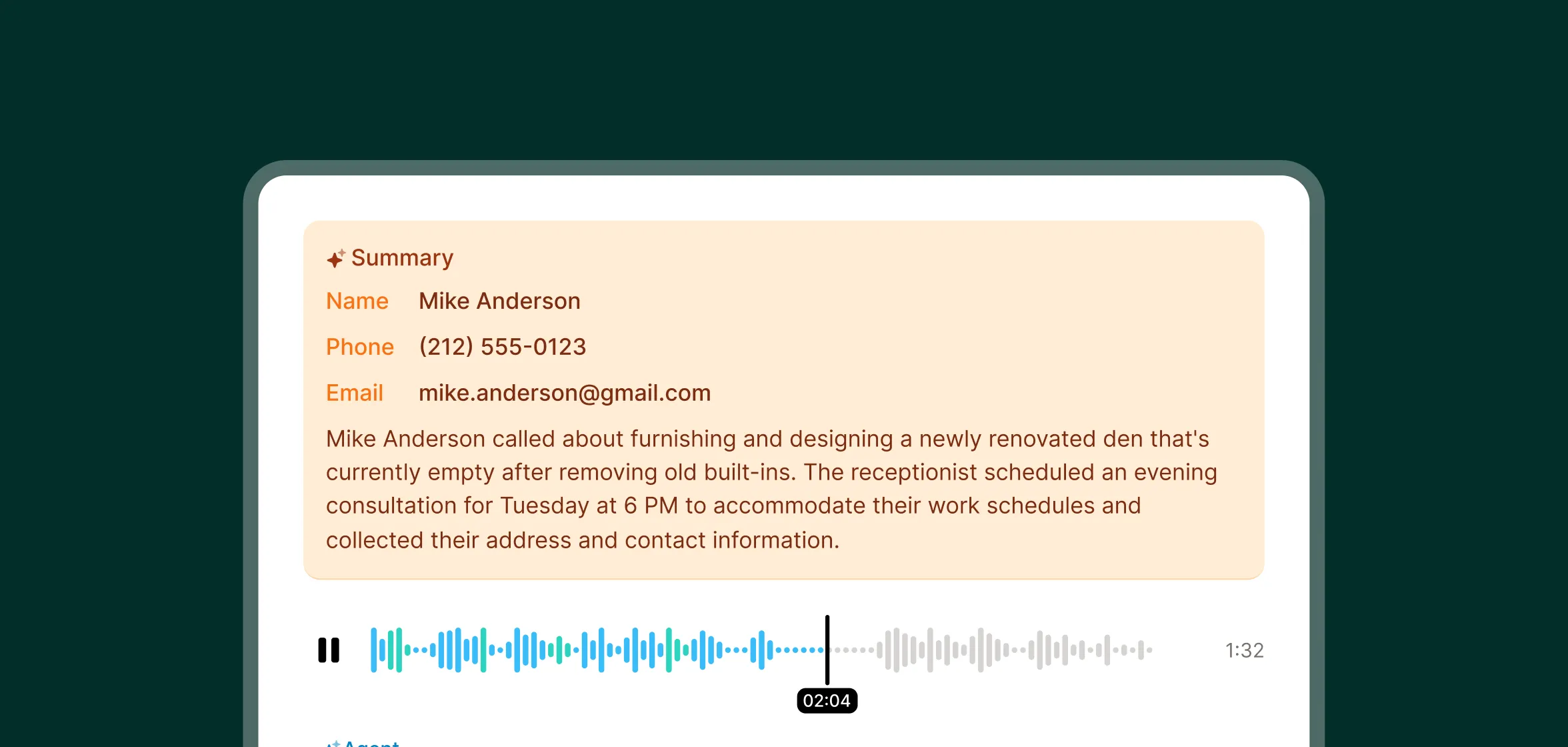 Interior designer answering services call summary showing scheduled consultation for renovated den project
