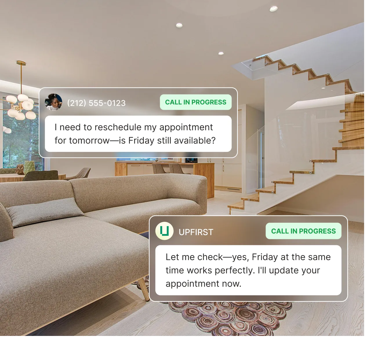 Answering service agent confirming Friday appointment availability for an interior design consultation