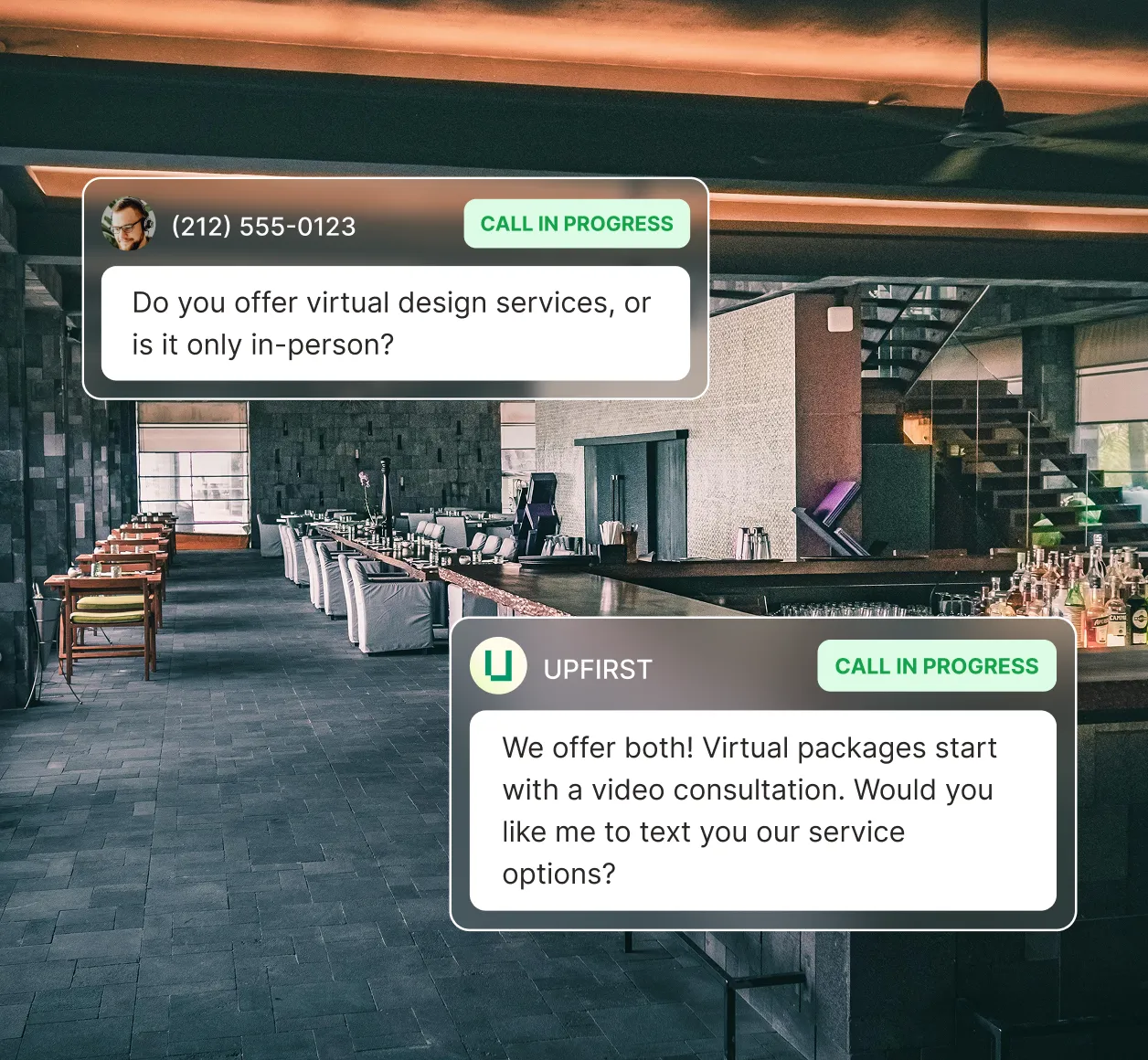 Interior designer answering services explaining both virtual and in-person design consultation options