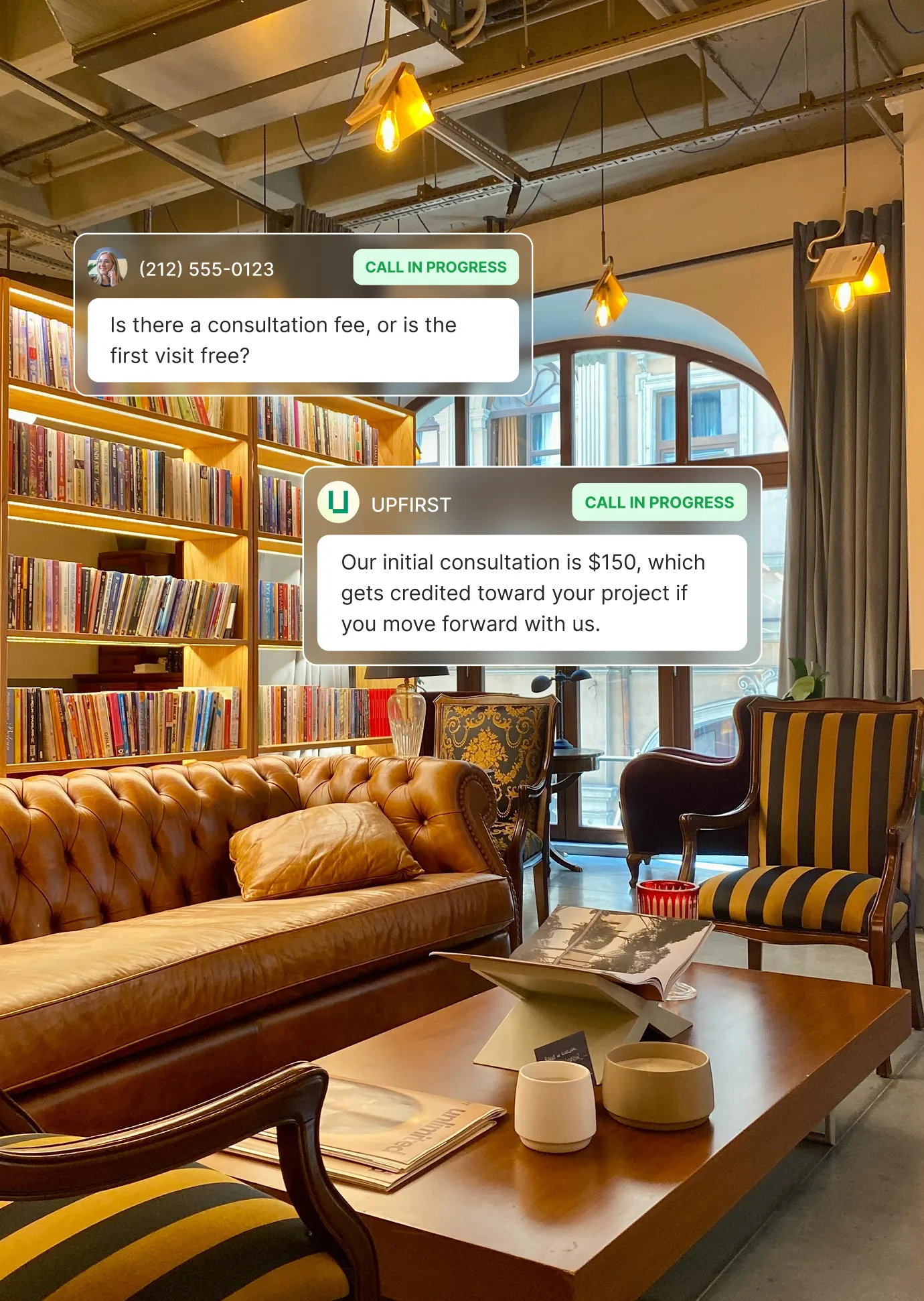 Answering service for interior design explaining $150 consultation fee credited toward project