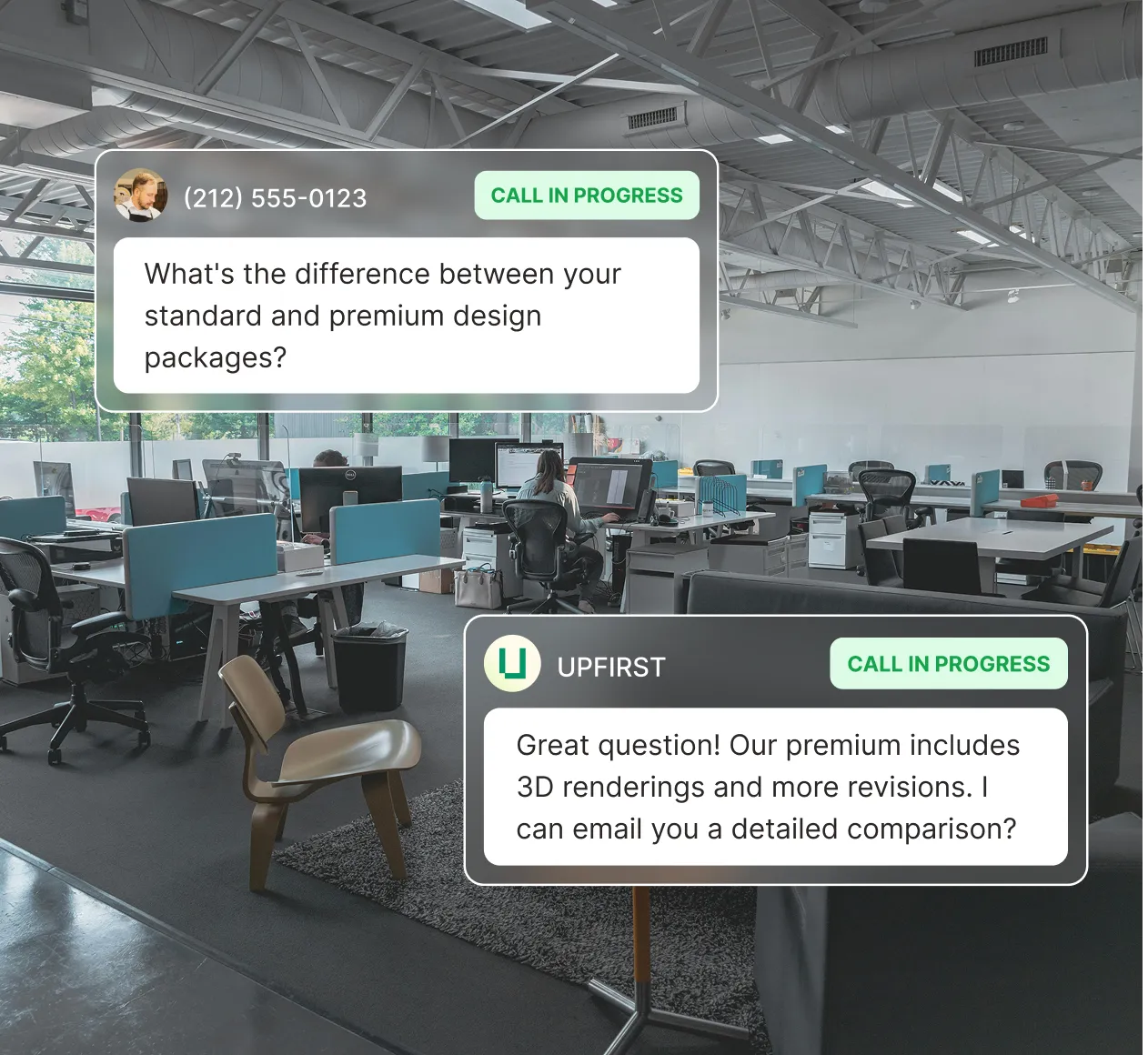 Answering service for interior design offering to email detailed comparison of standard and premium packages