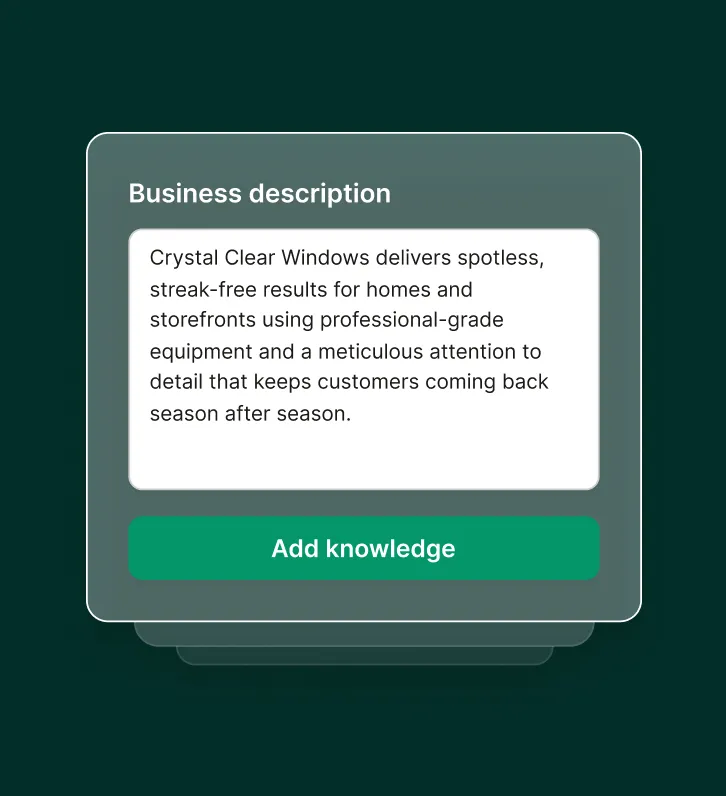 Business description setup screen for window cleaning answering service knowledge base