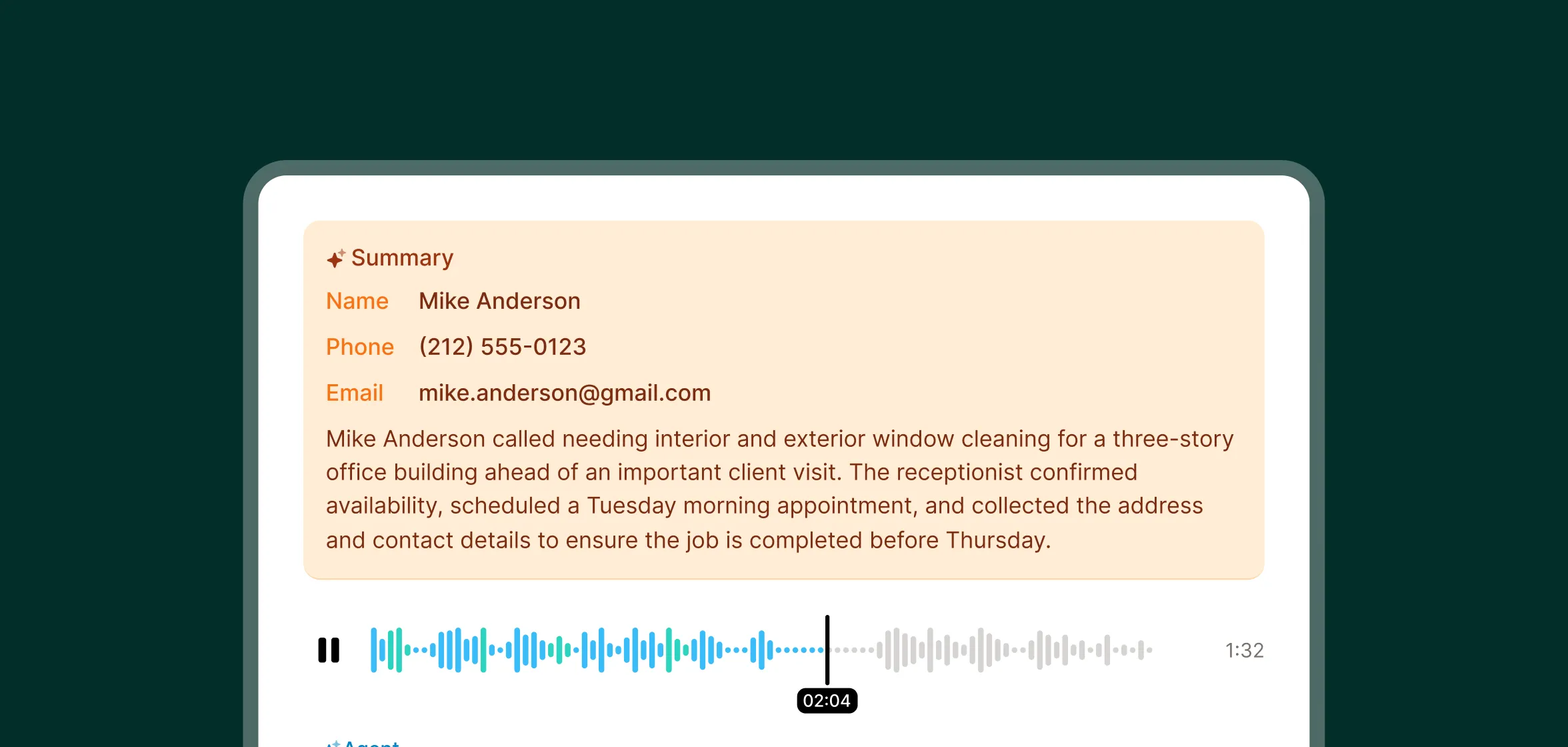 Detailed call summary showing appointment scheduling by virtual receptionist for window cleaning business