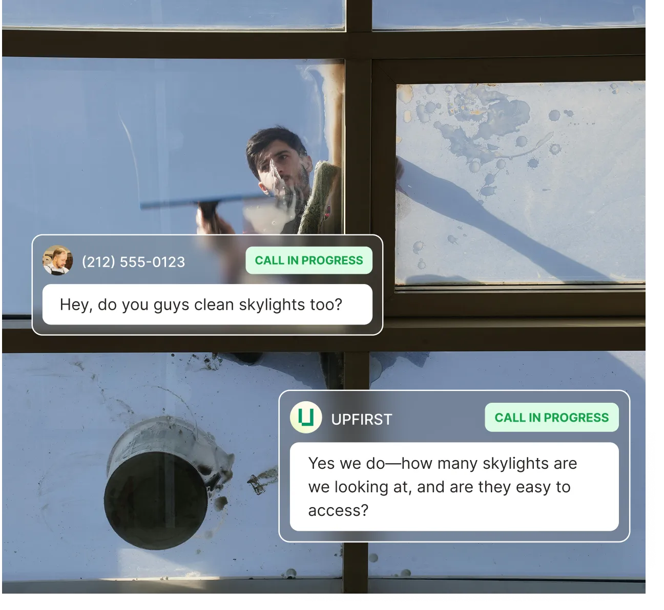 Answering service for window cleaning responding to customer question about skylight cleaning services