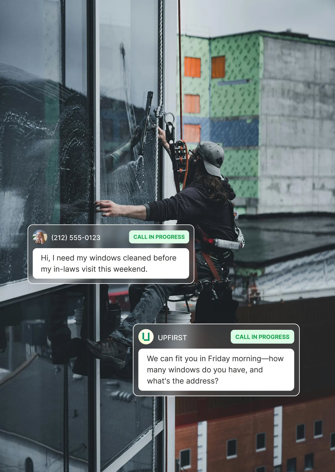 Professional window cleaner on high-rise building while answering service for window cleaning schedules urgent appointment