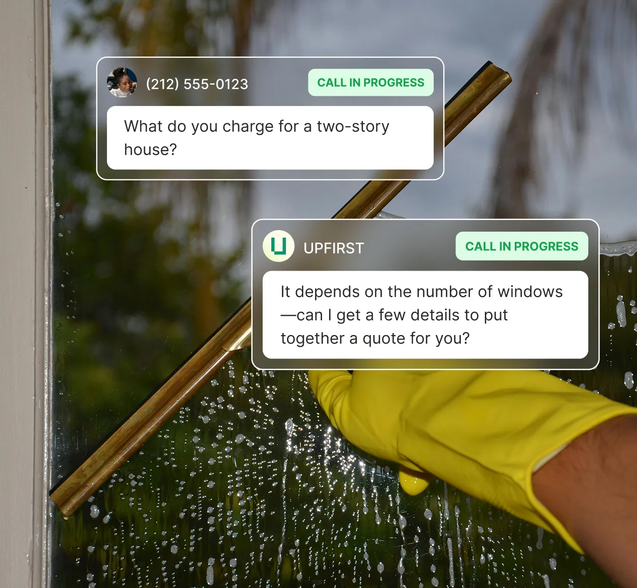 Virtual receptionist collecting quote details for two-story house window cleaning job
