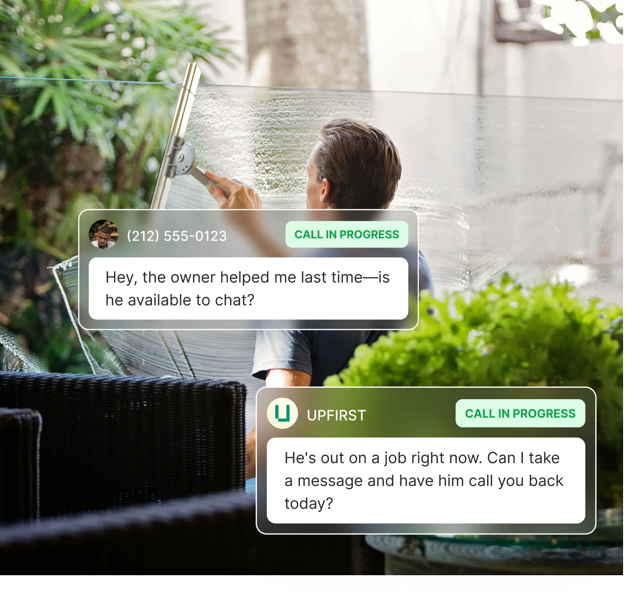 Window cleaning answering service handling caller inquiry while technician works on-site