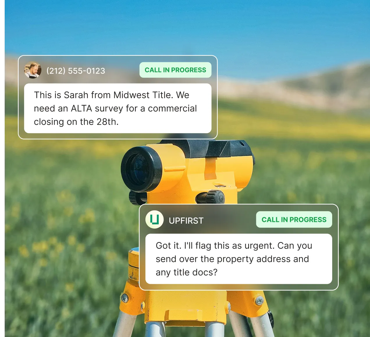 A surveying answering service flagging an urgent ALTA survey request from a title company and asking for property documents.