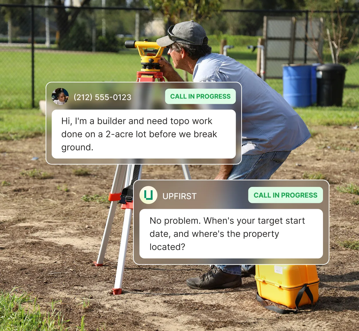 A telephone answering service for surveyors handling a builder's request for topographic survey work and collecting project details.