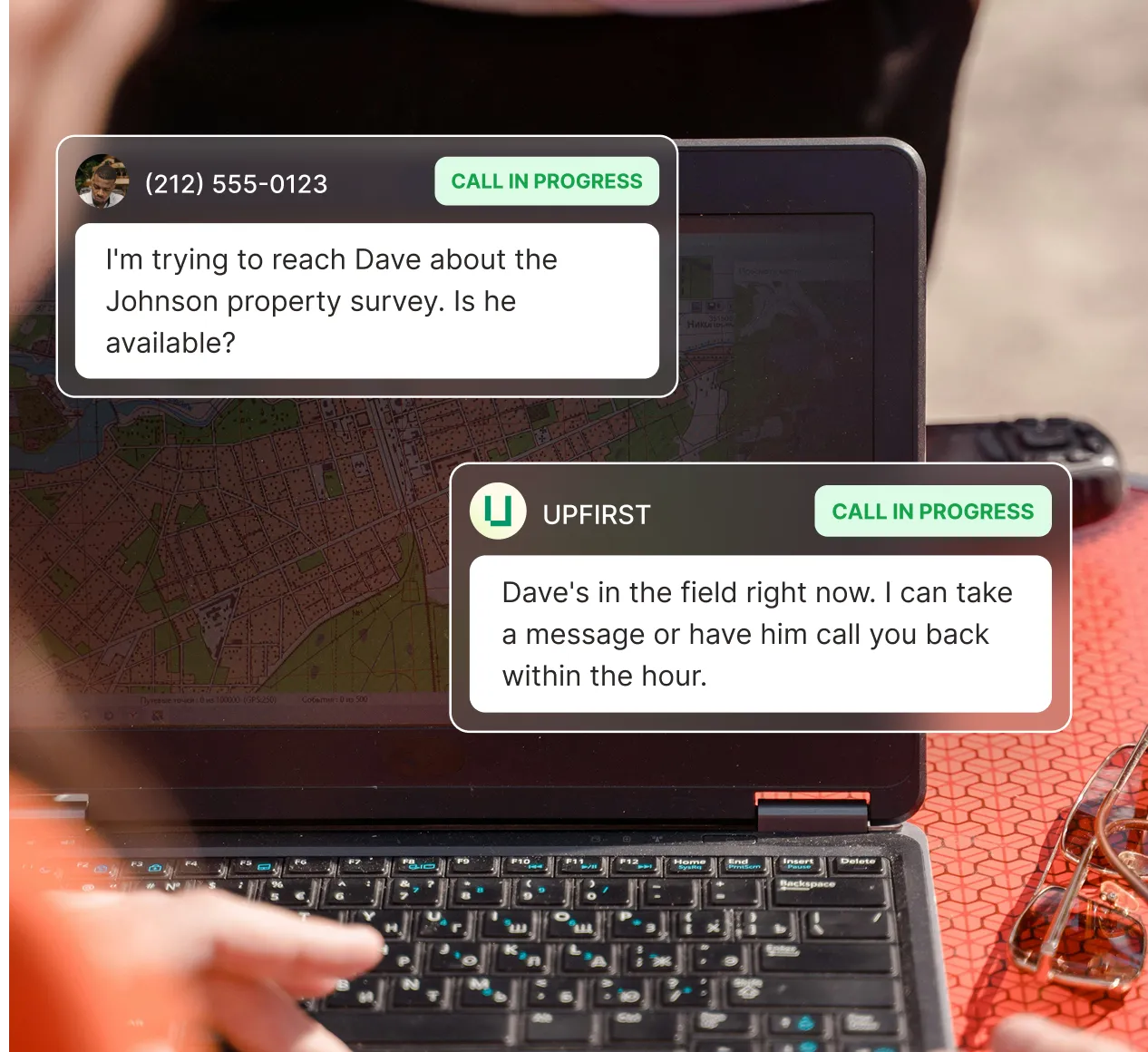 An answering service for surveyors taking a message for a team member who is out in the field conducting a property survey.