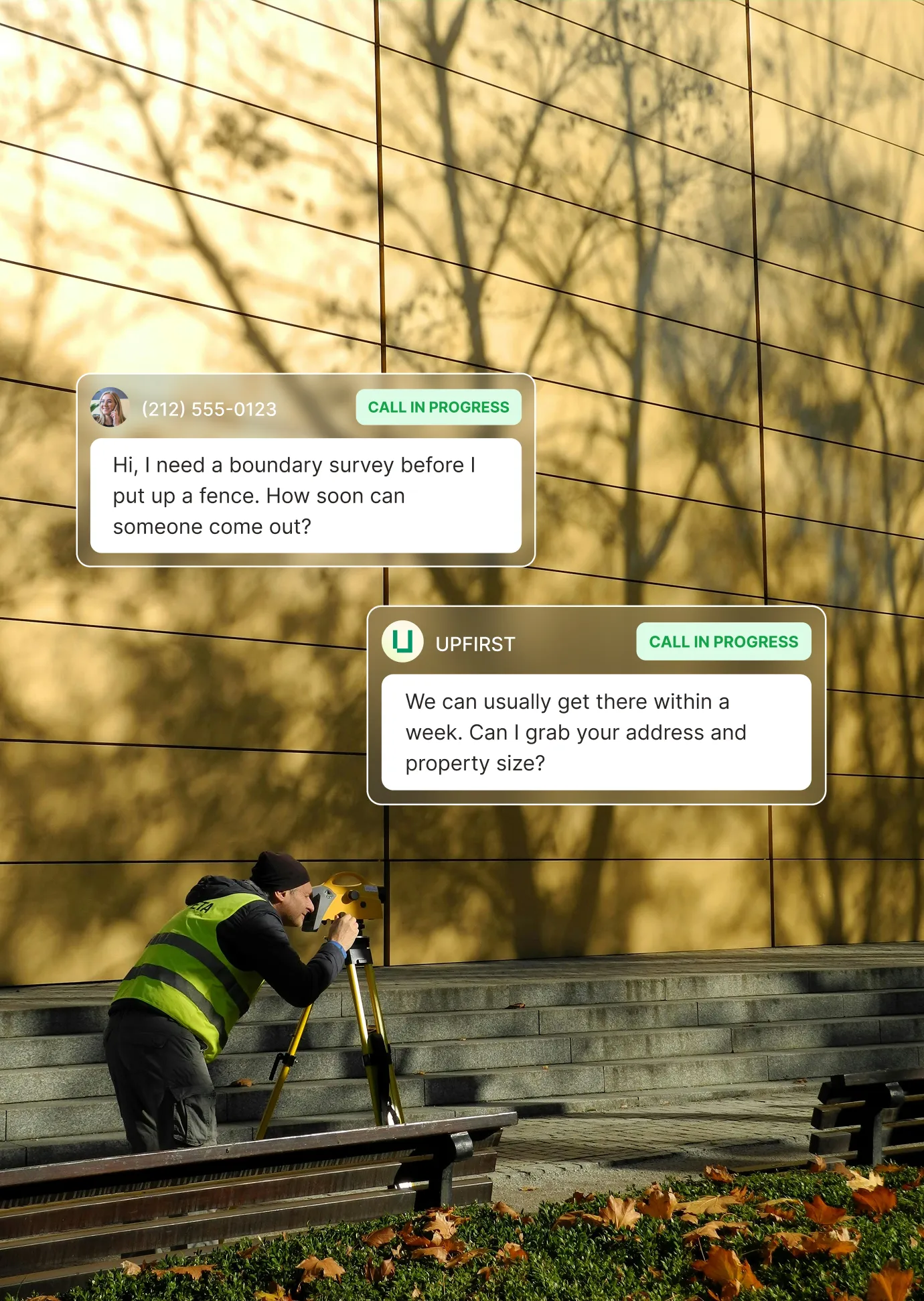 A surveyor using equipment in the field while an answering service for surveyors handles a boundary survey inquiry and collects property details.