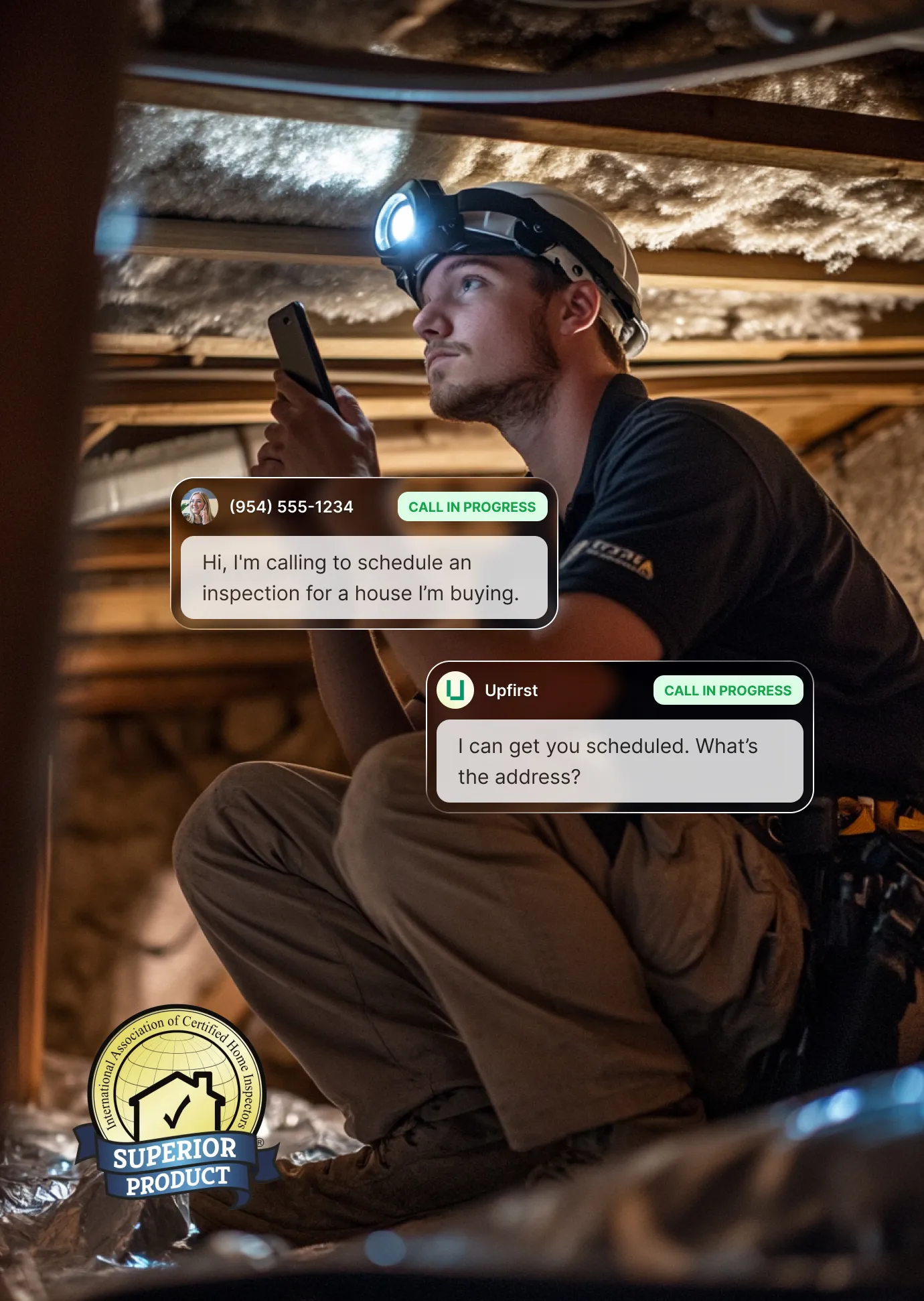 A woman schedules a home inspection while the answering service for home inspectors requests her name and property address.