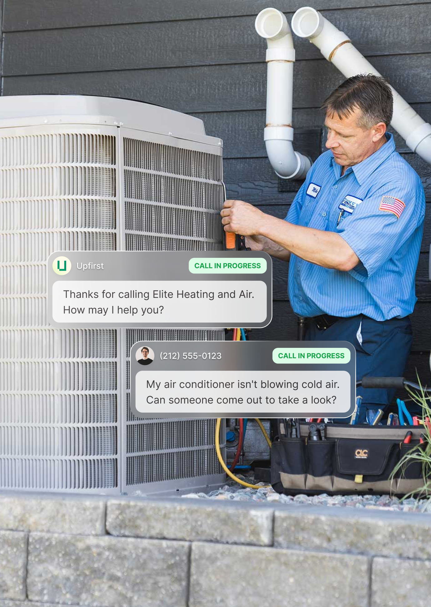HVAC answering service representative confirming a 9 AM installation appointment with customer through a messaging interface, showing professional HVAC phone support