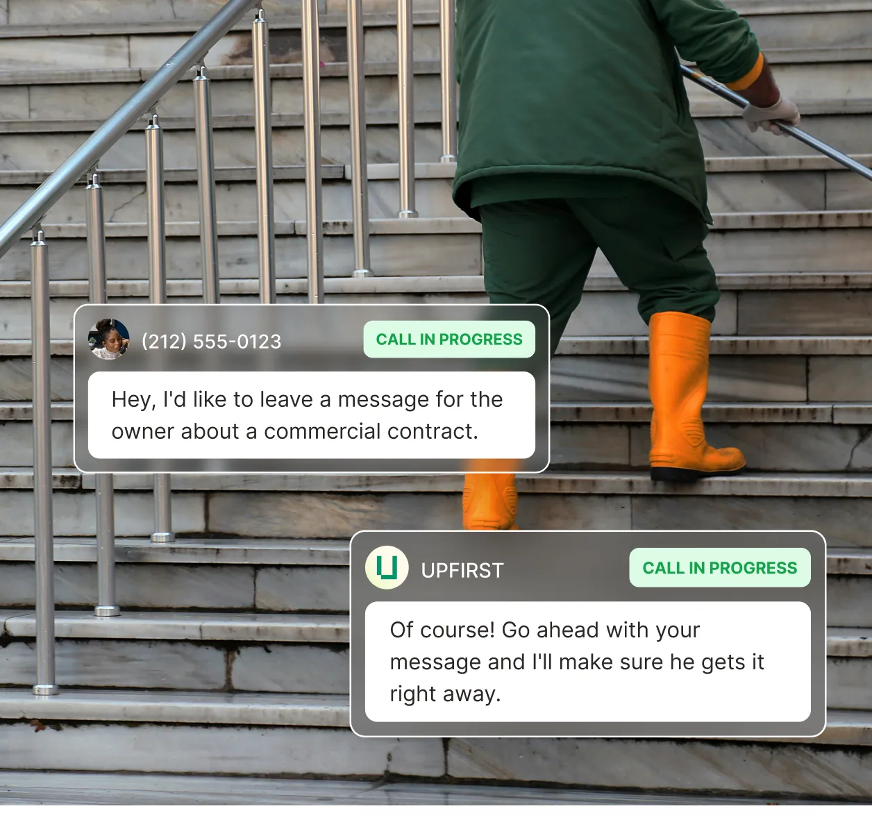 A pressure washing answering service takes a message from a caller asking about a commercial contract while the crew is on-site.