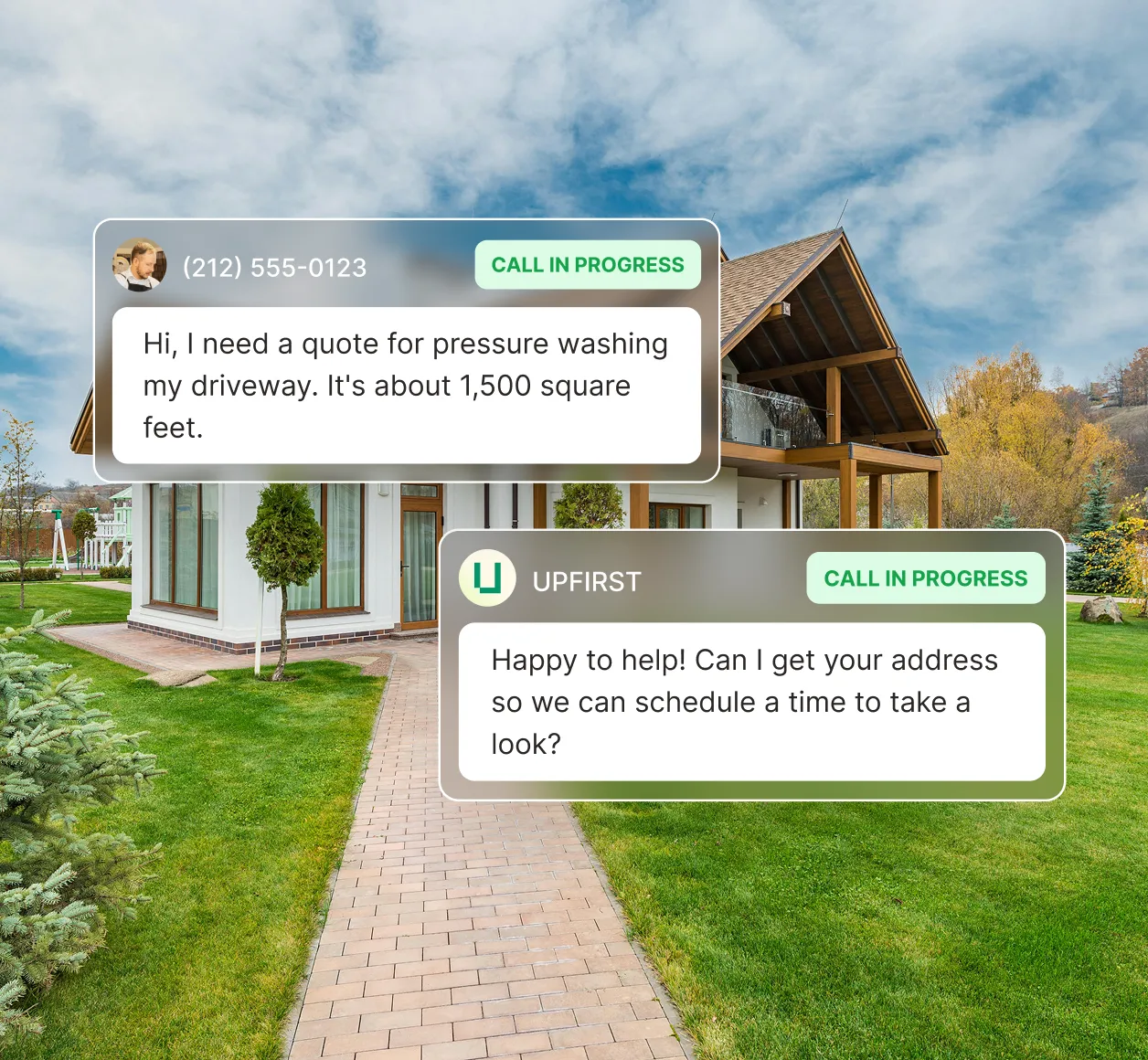 A power washing answering service gathers a caller's address and schedules a driveway quote for a 1,500 square foot job.