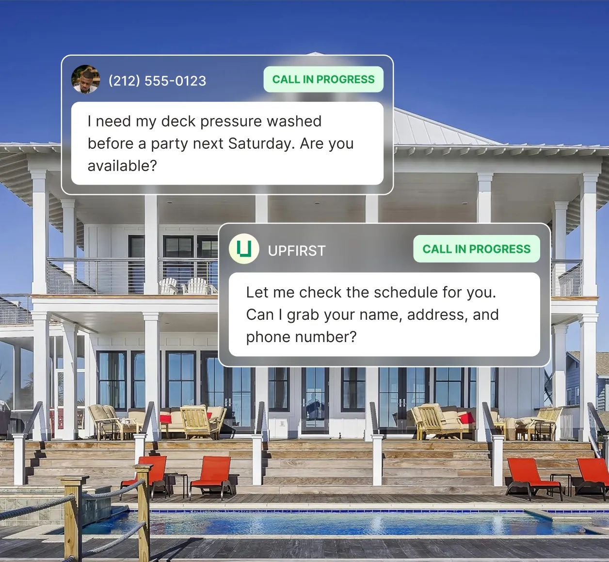 An answering service for pressure washing collects a caller's name, address, and phone number to schedule a deck cleaning appointment.