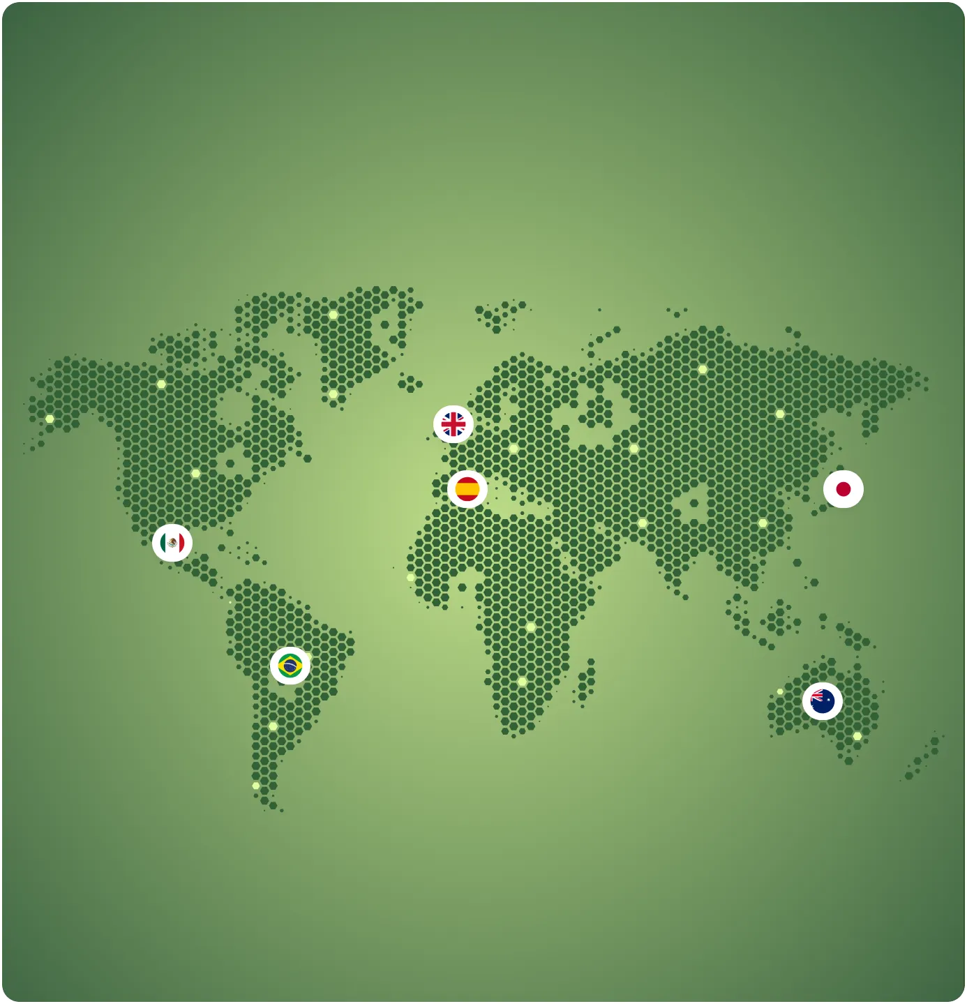 Stylized world map showing some of the 40+ countries that Upfirst offers their international answering service in 