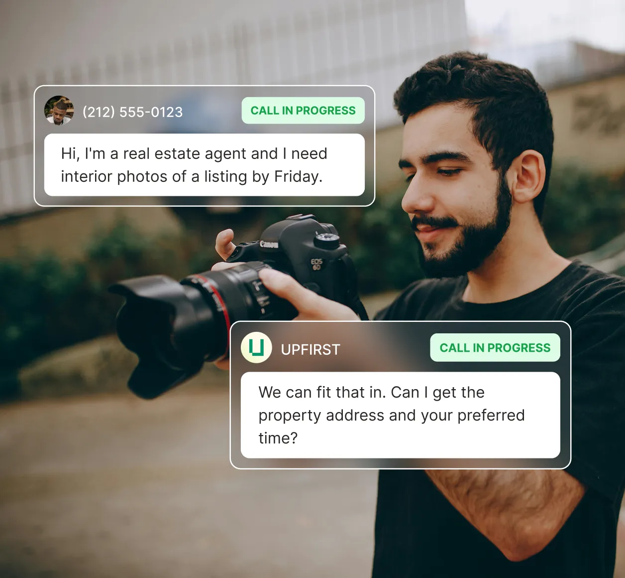 An answering service for photographers handles a real estate agent's urgent request for interior listing photos by Friday.