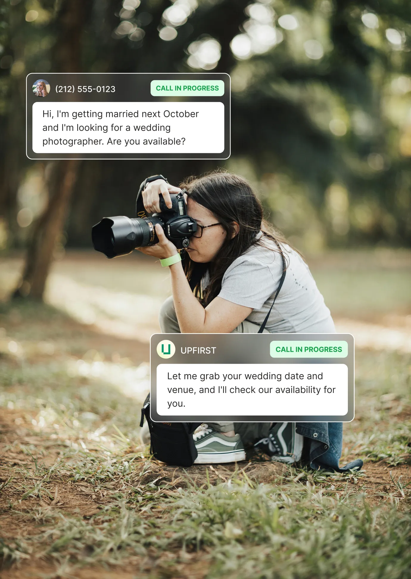 A photographer answering service collects a caller's wedding date and venue while the photographer focuses on a shoot.