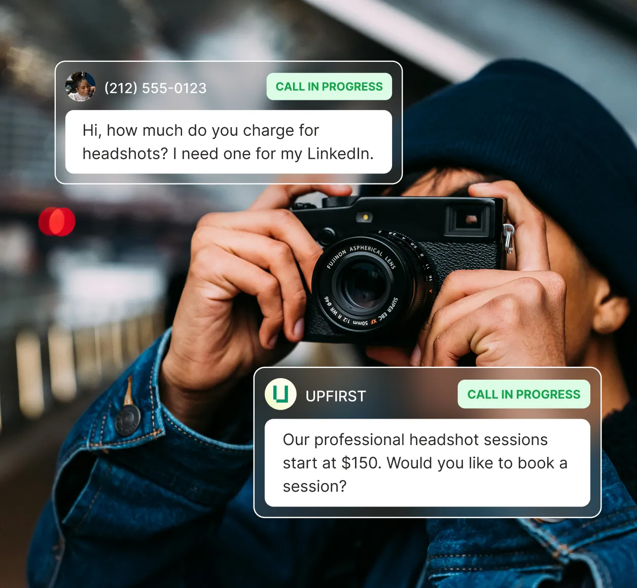 A receptionist service for photographers answers a pricing question and quotes headshot session rates to a potential client.