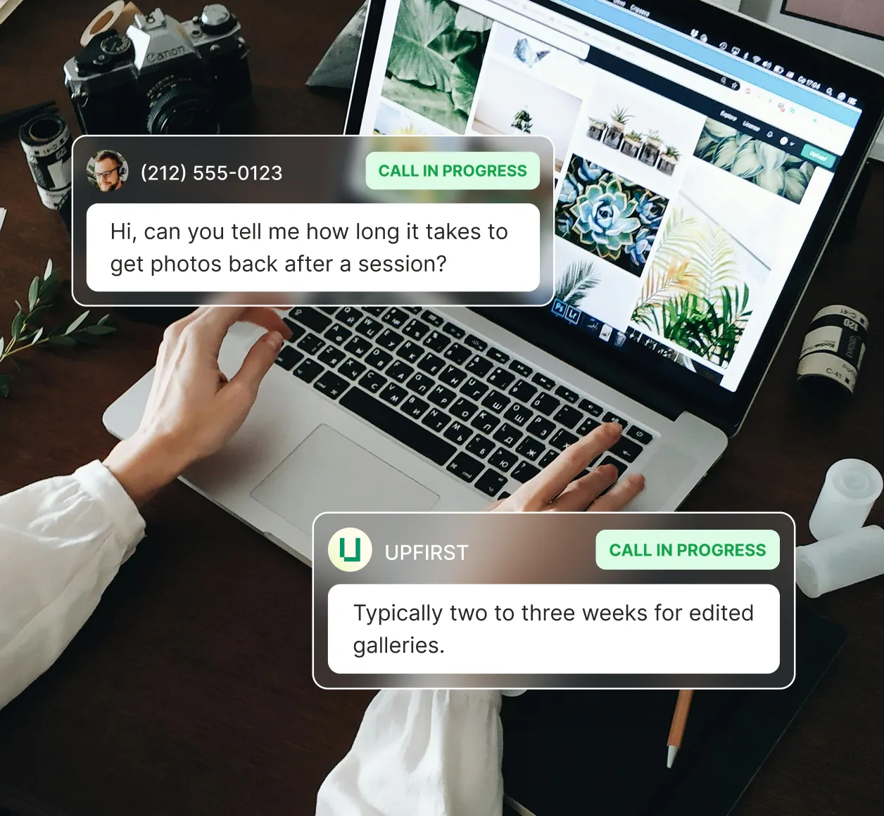 An answering service for photography answers a caller's question about edited gallery turnaround time.
