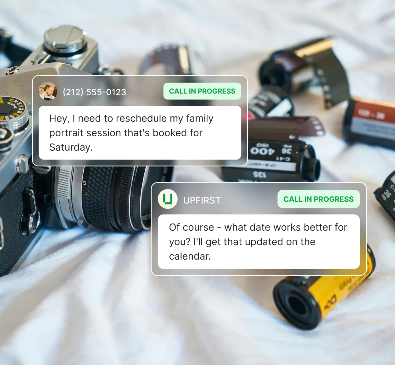 An answering service for photographers helps a caller reschedule a family portrait session to the following weekend.