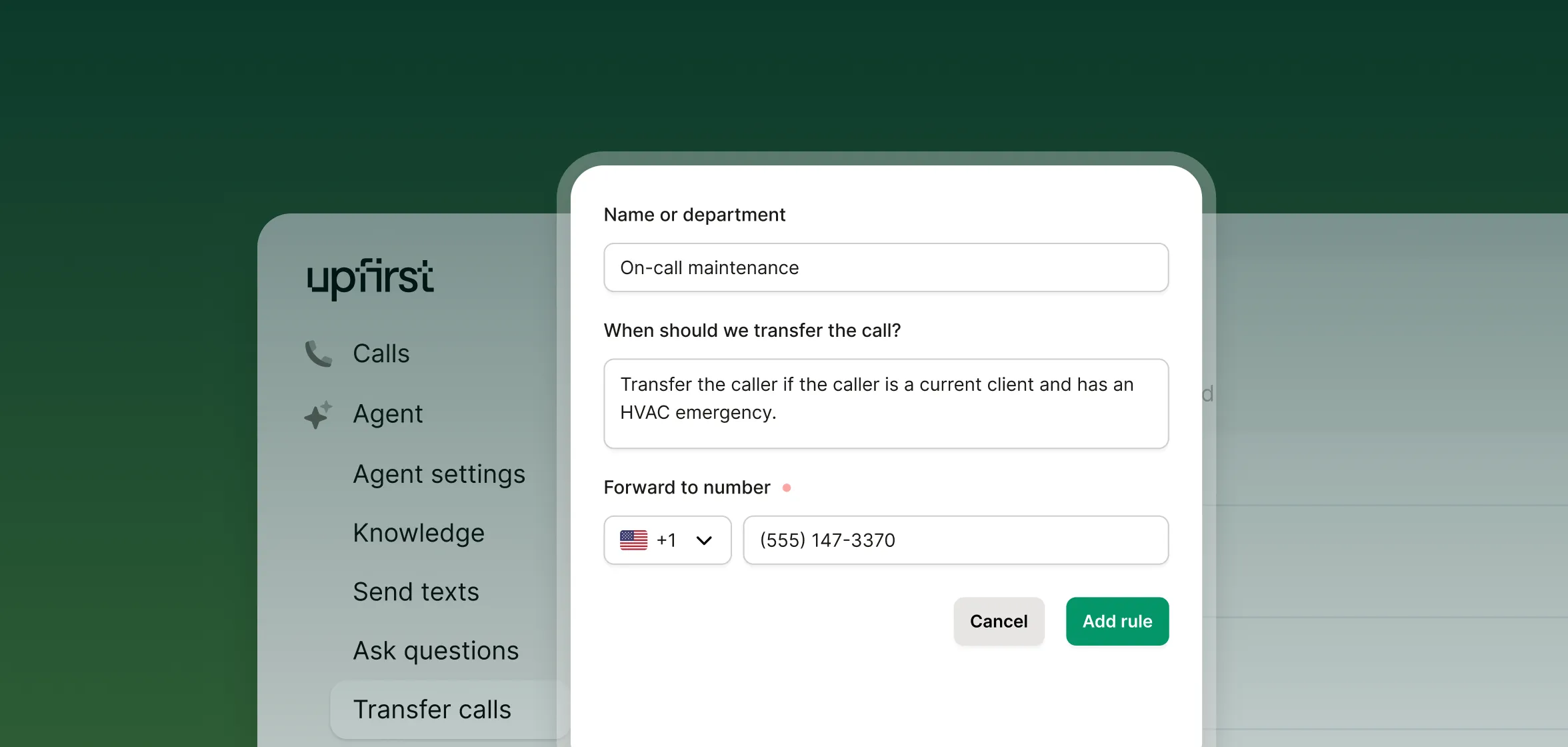 Call transfer rule setup for a real estate agent, showing how to forward tour requests or property inquiries to a mobile number.