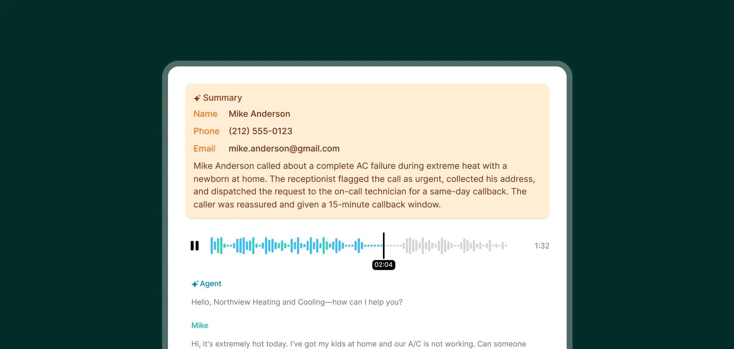 Call summary and transcript of a real estate lead asking about a 3-bedroom home, showing how Upfirst captures buyer inquiries for real estate agents.