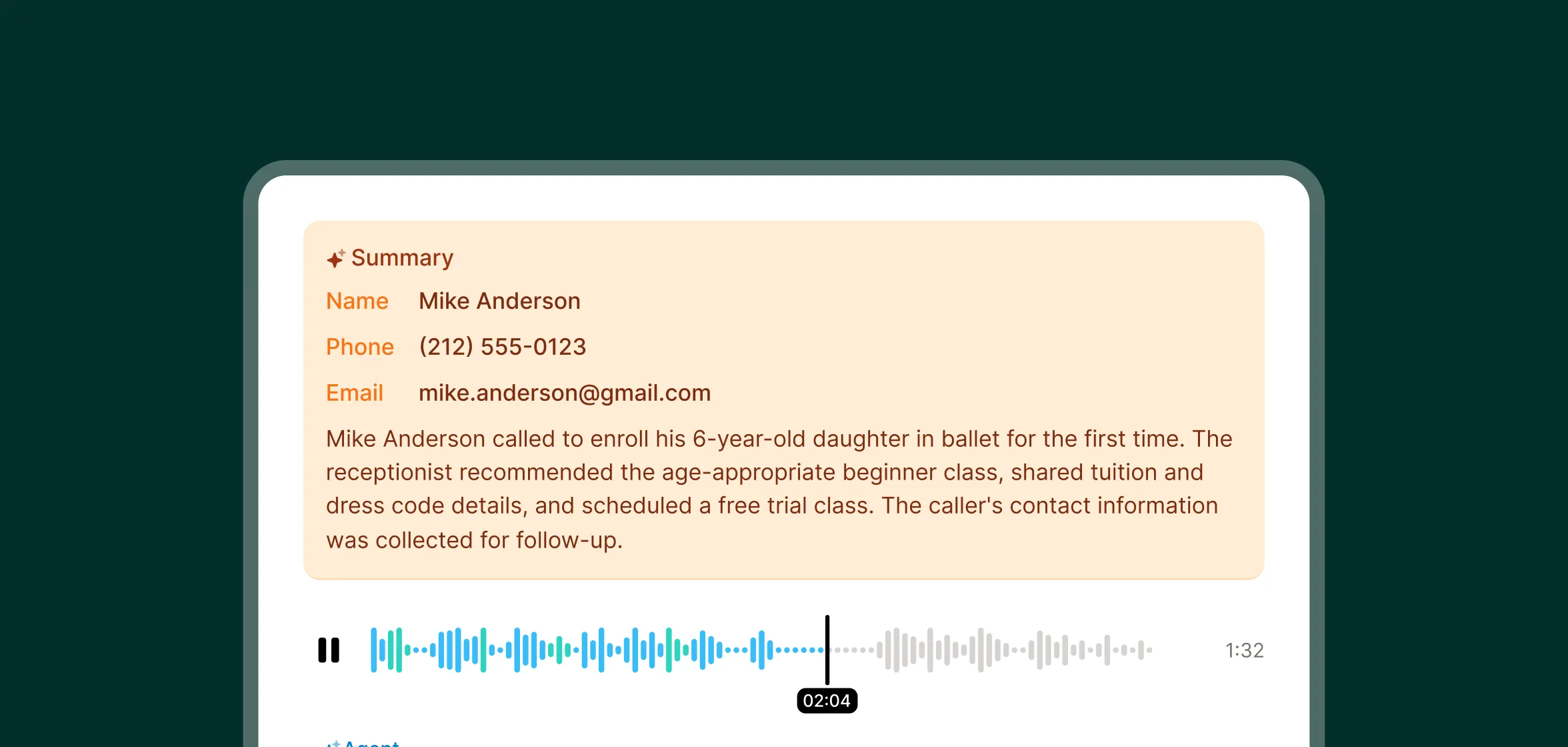 A virtual receptionist for dance studios generates a summary after helping a father enroll his daughter in a beginner ballet class.