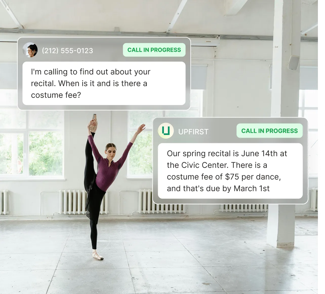 An answering service for dance studios provides recital dates and costume fee details to a parent calling in.