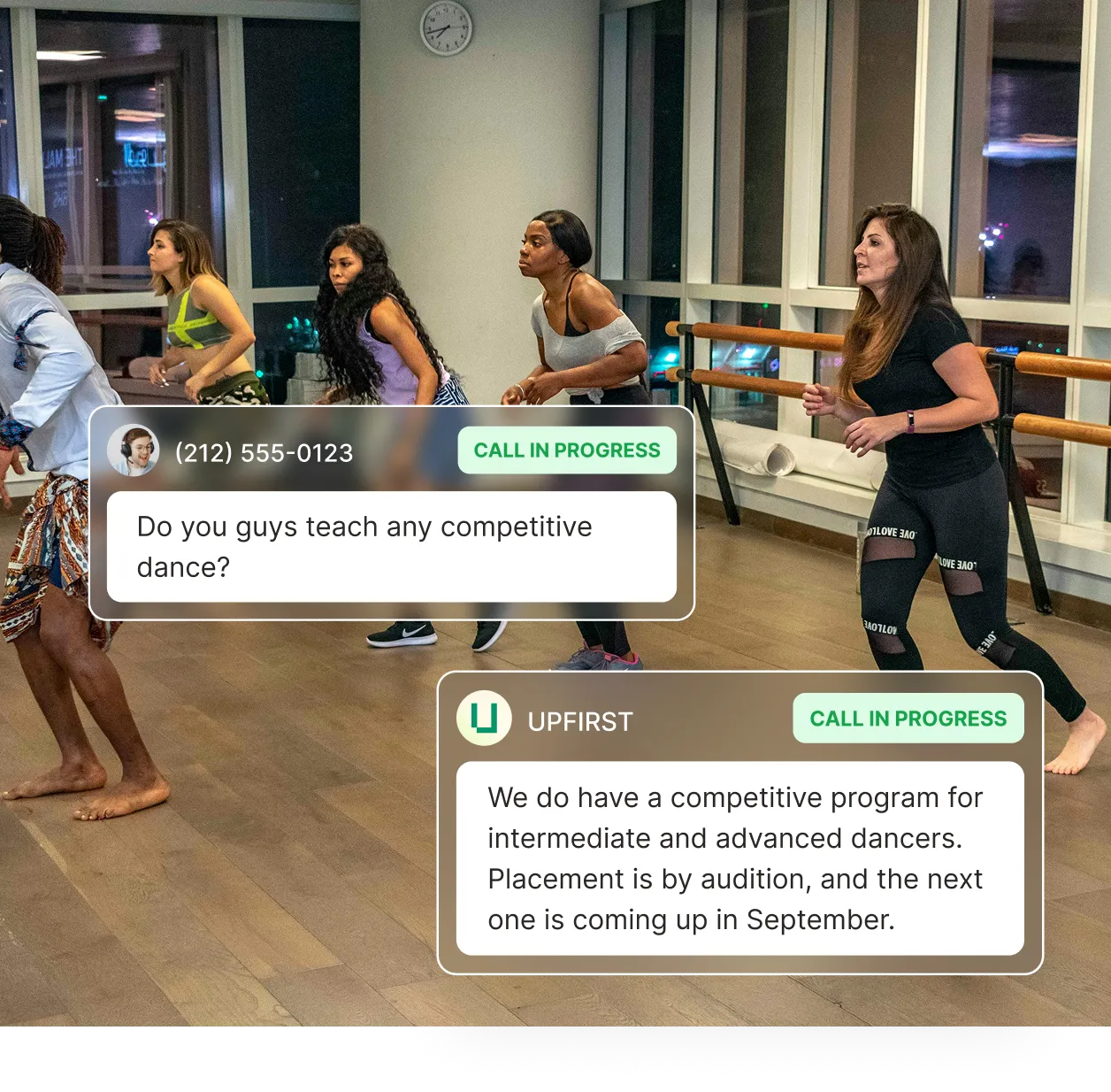 A dance studio answering service tells a caller about the competitive dance program and upcoming audition dates.