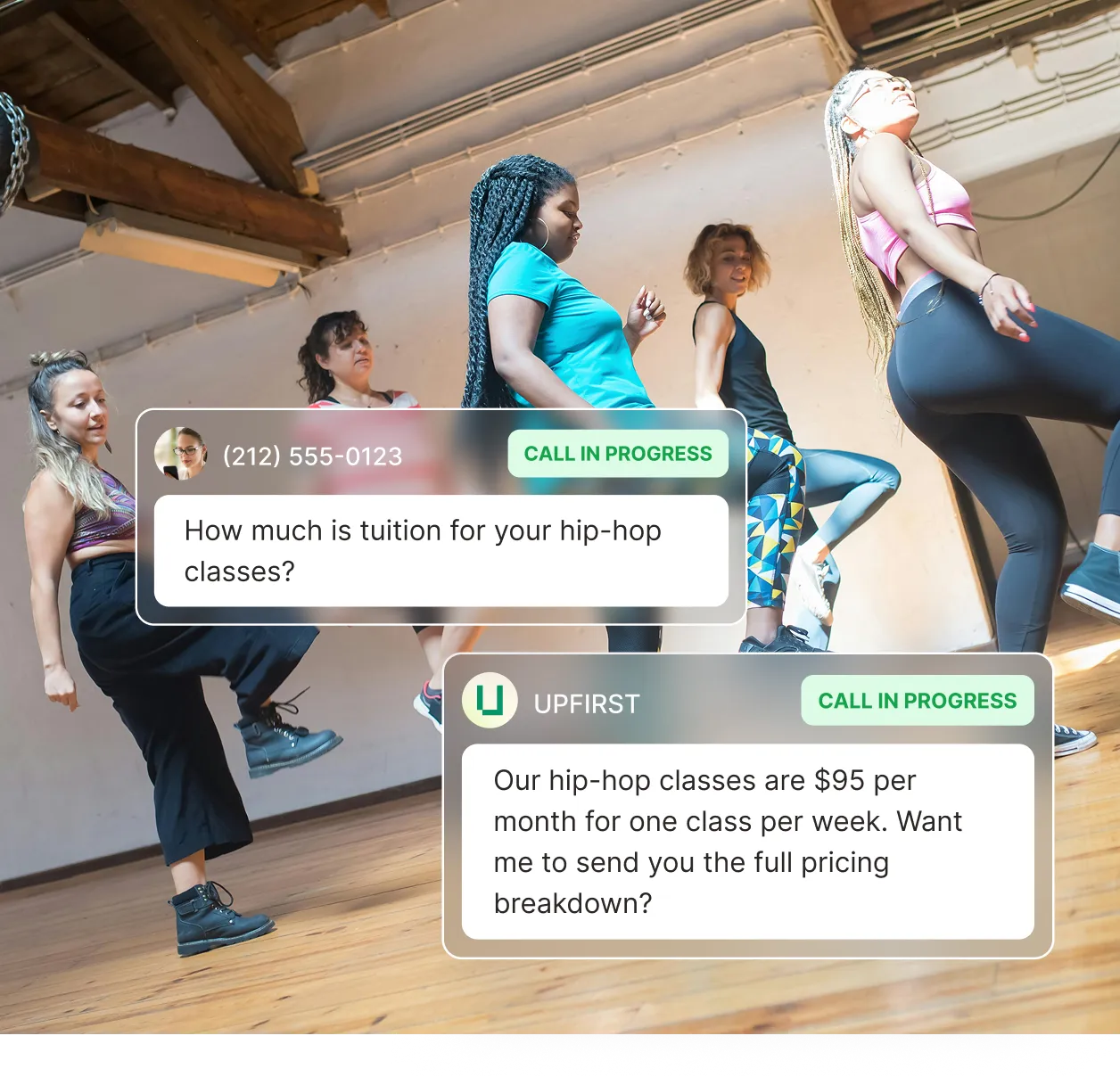 An AI receptionist for dance studios shares hip-hop class tuition pricing and offers to send a full breakdown.