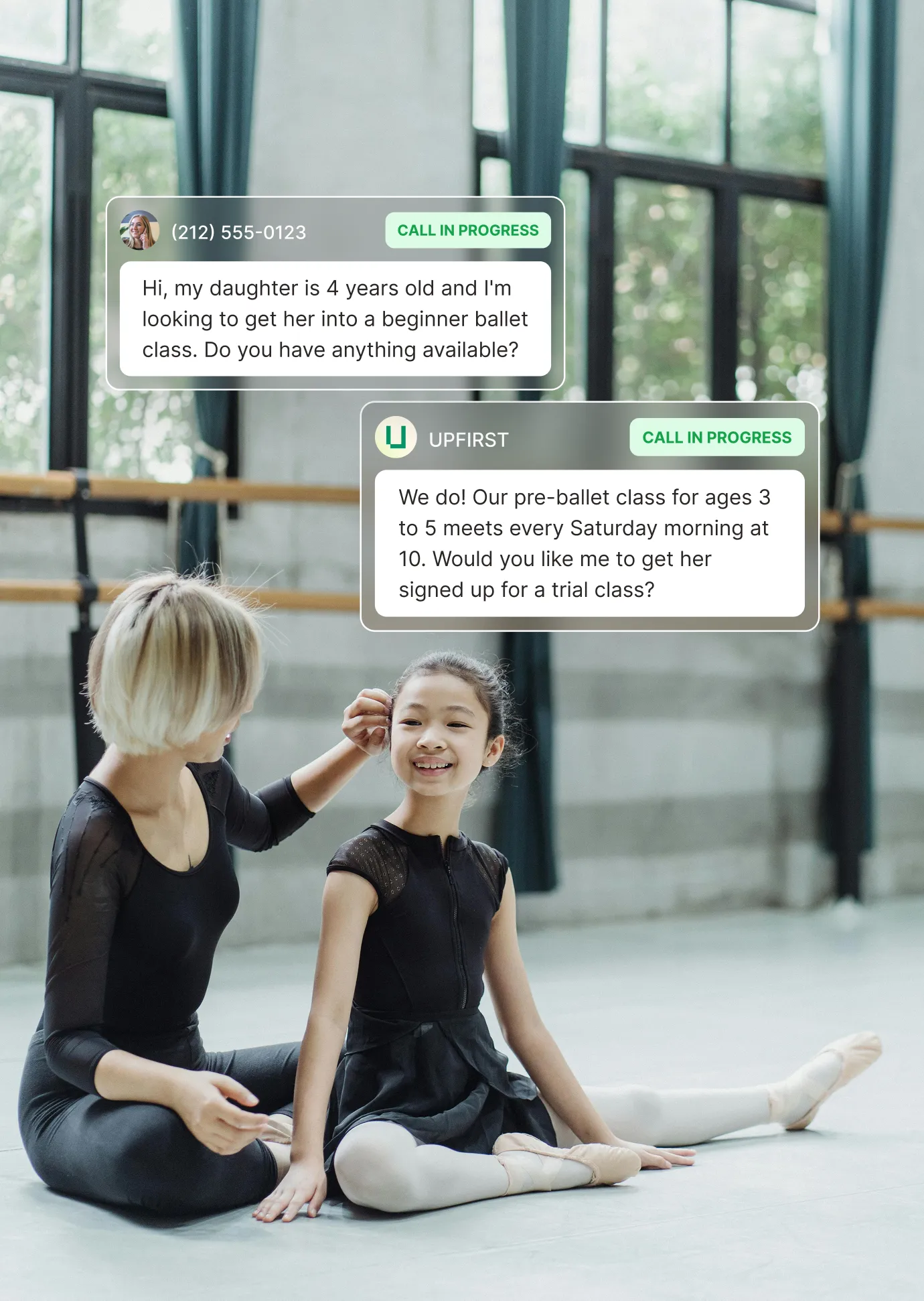 A dance studio answering service responds to a parent asking about beginner ballet classes for their 4-year-old while the instructor works with a student.