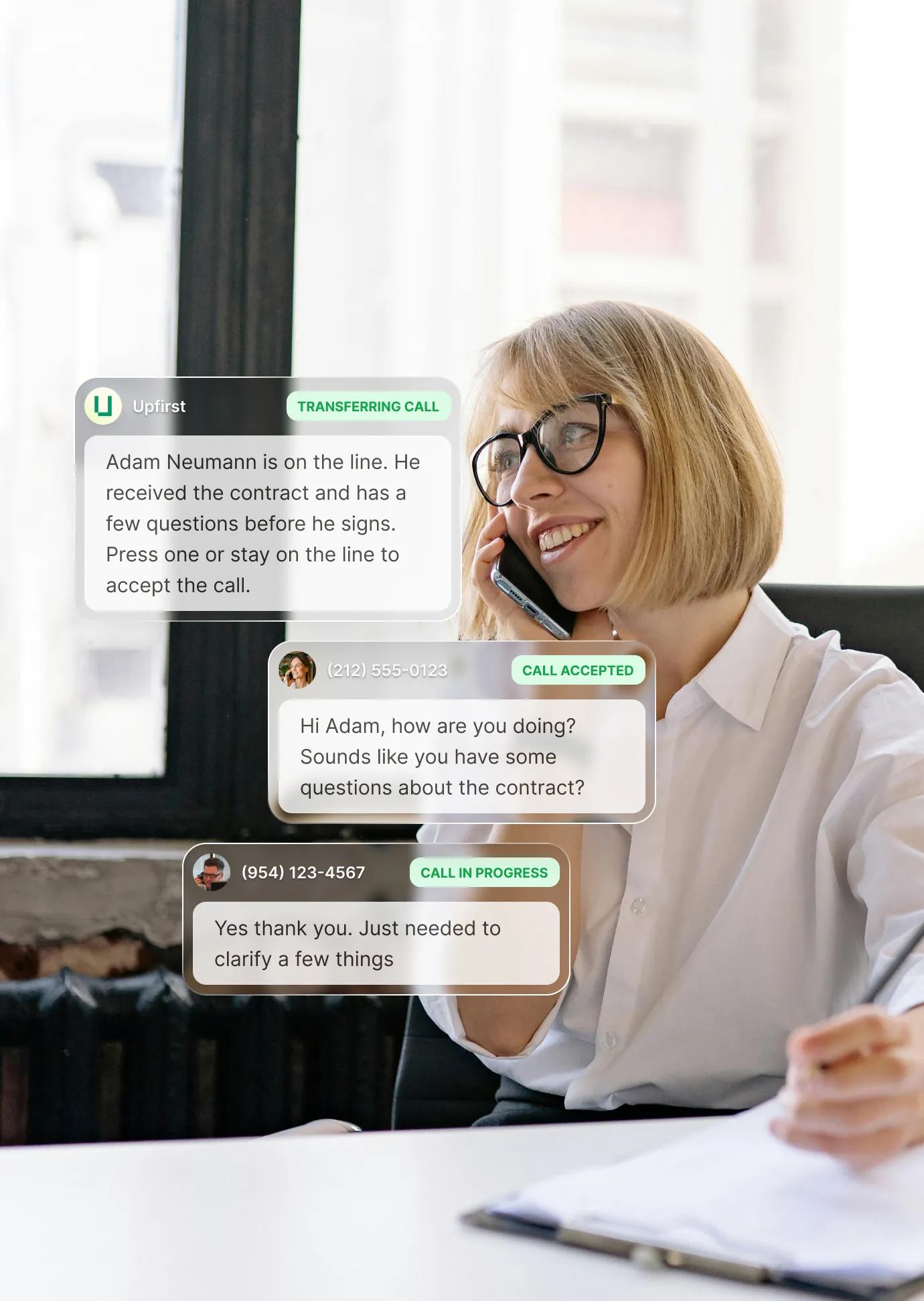 An image illustrating a live transfer where a business owner received context about someone who is calling with a question about a contract. She chose to accept the call to get connected with the caller.