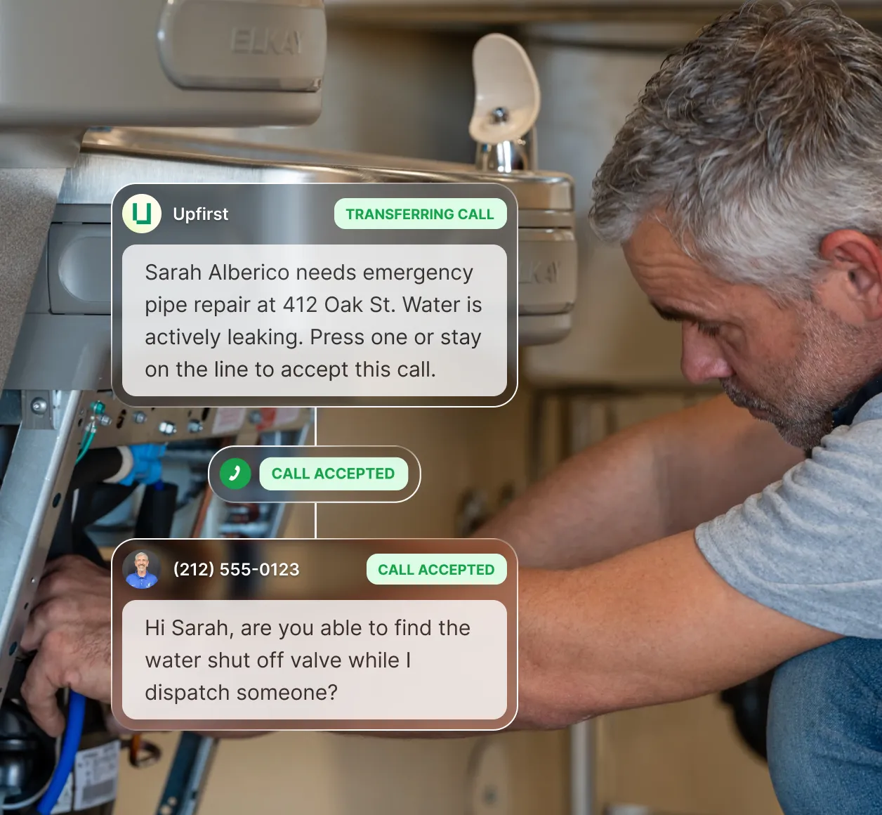 Example of a live transfer: The receptionist explains to a plumbing company that the caller is having an emergency, and the plumbing company chooses to accept the call.