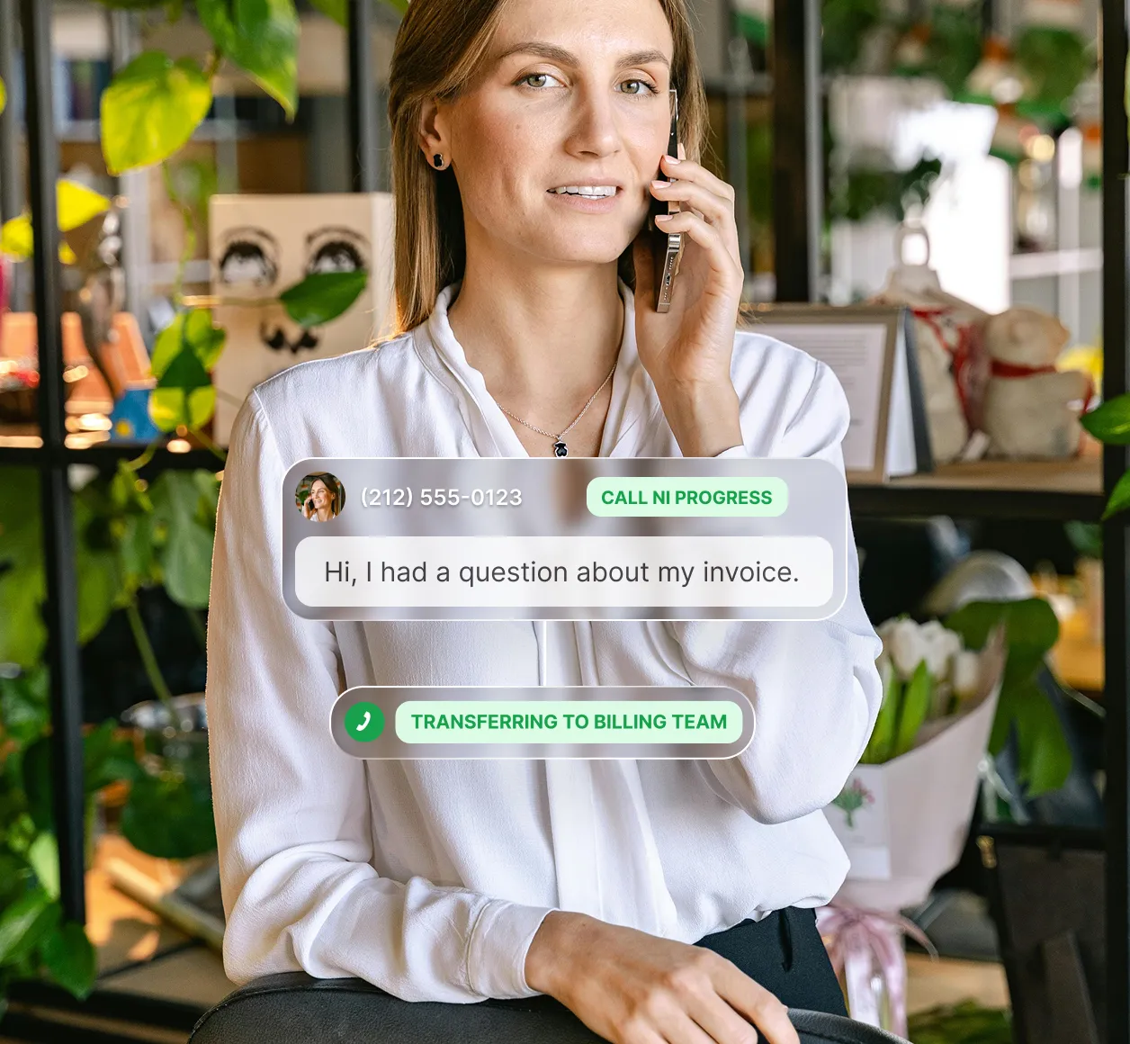 Image illustrating the way an intelligent live transfer service can route calls to the appropriate person. The caller asks a question about their invoice, and they get transferred to the billing team.