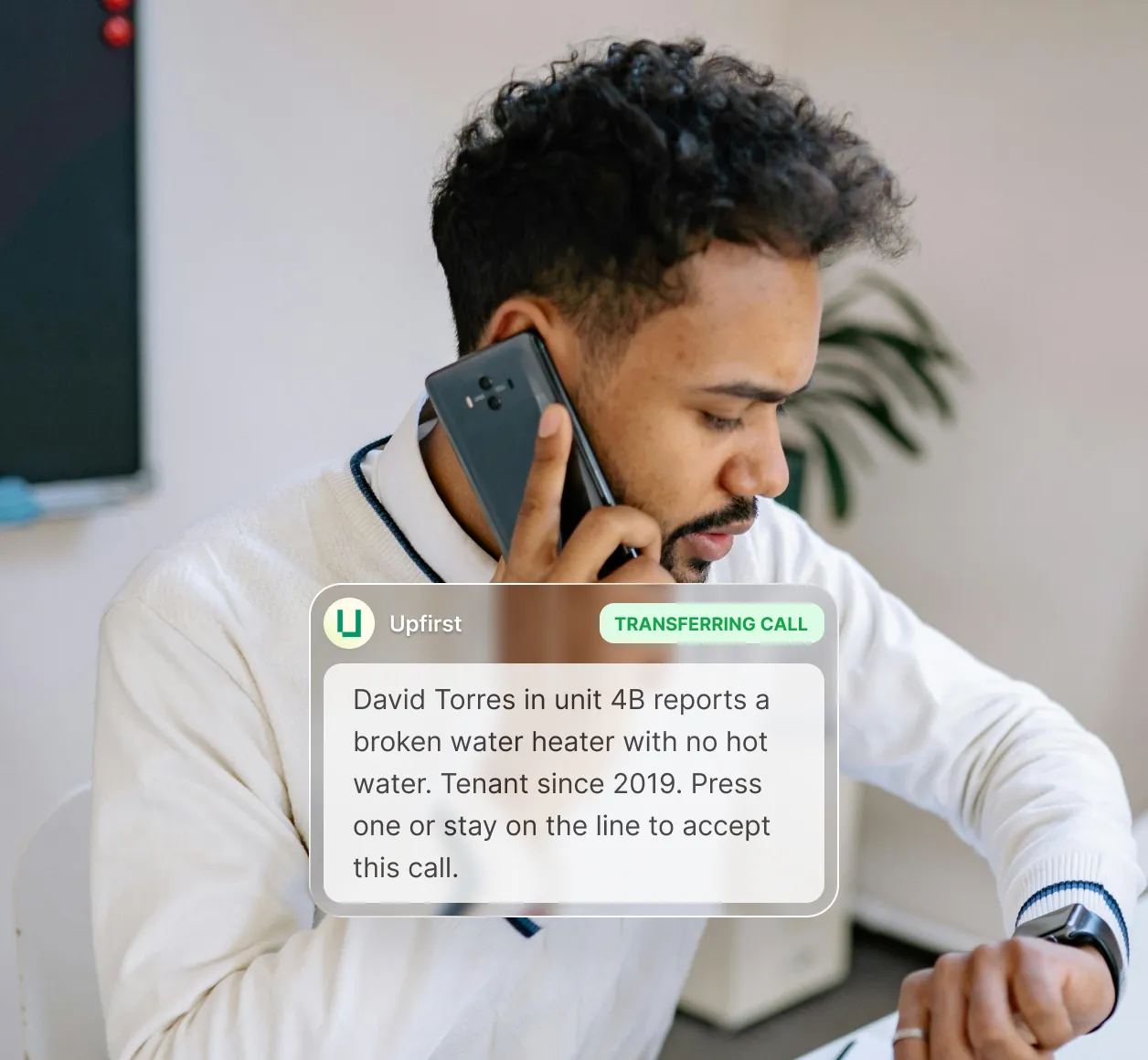 A live call transfer is occurring for a property manager. Their receptionist calls them to report that one of their tenants is having issues with their water heater, and they have the option to accept the call transfer or not.