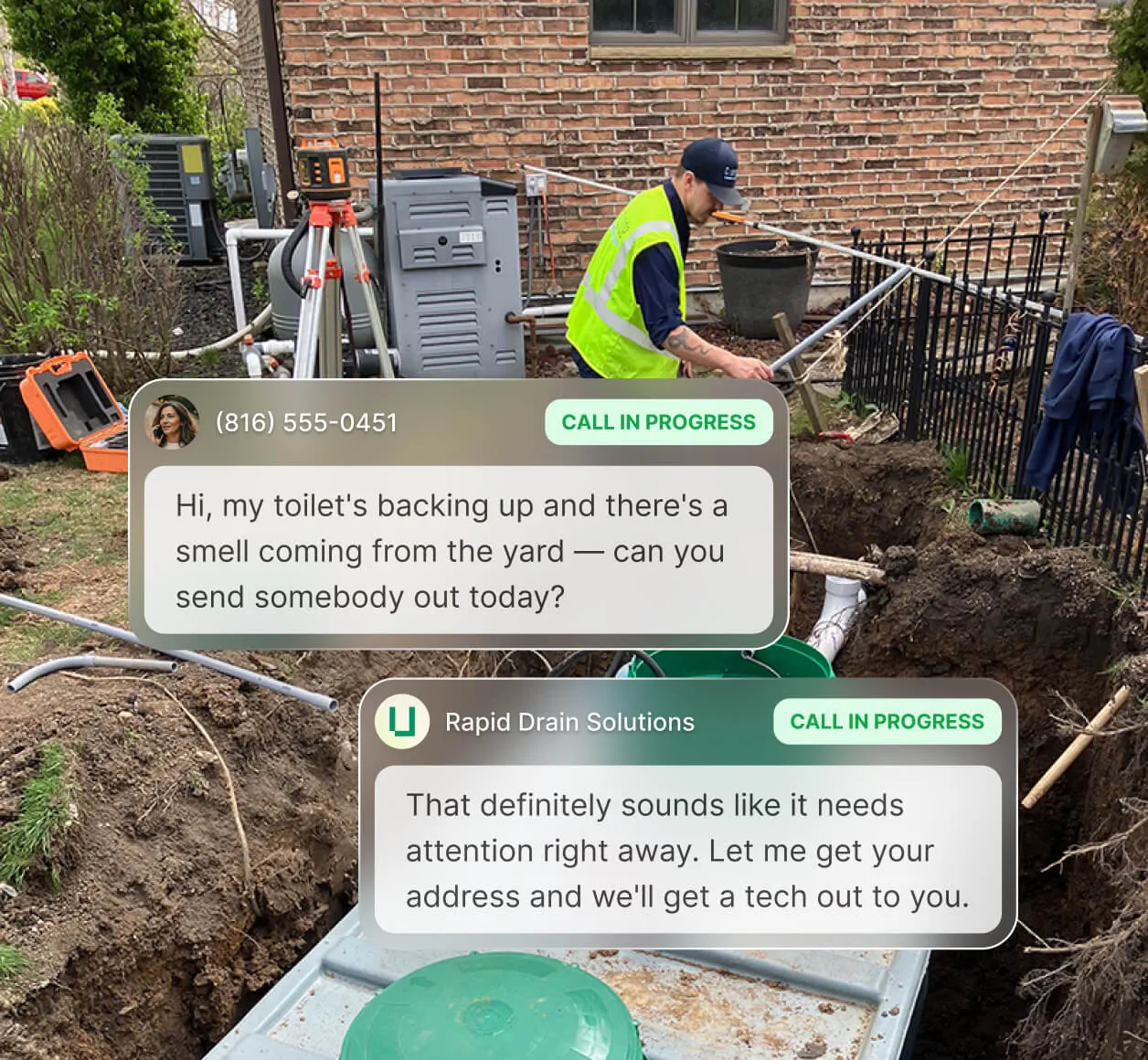 Example of a live transfer: The receptionist explains to a plumbing company that the caller is having an emergency, and the plumbing company chooses to accept the call.