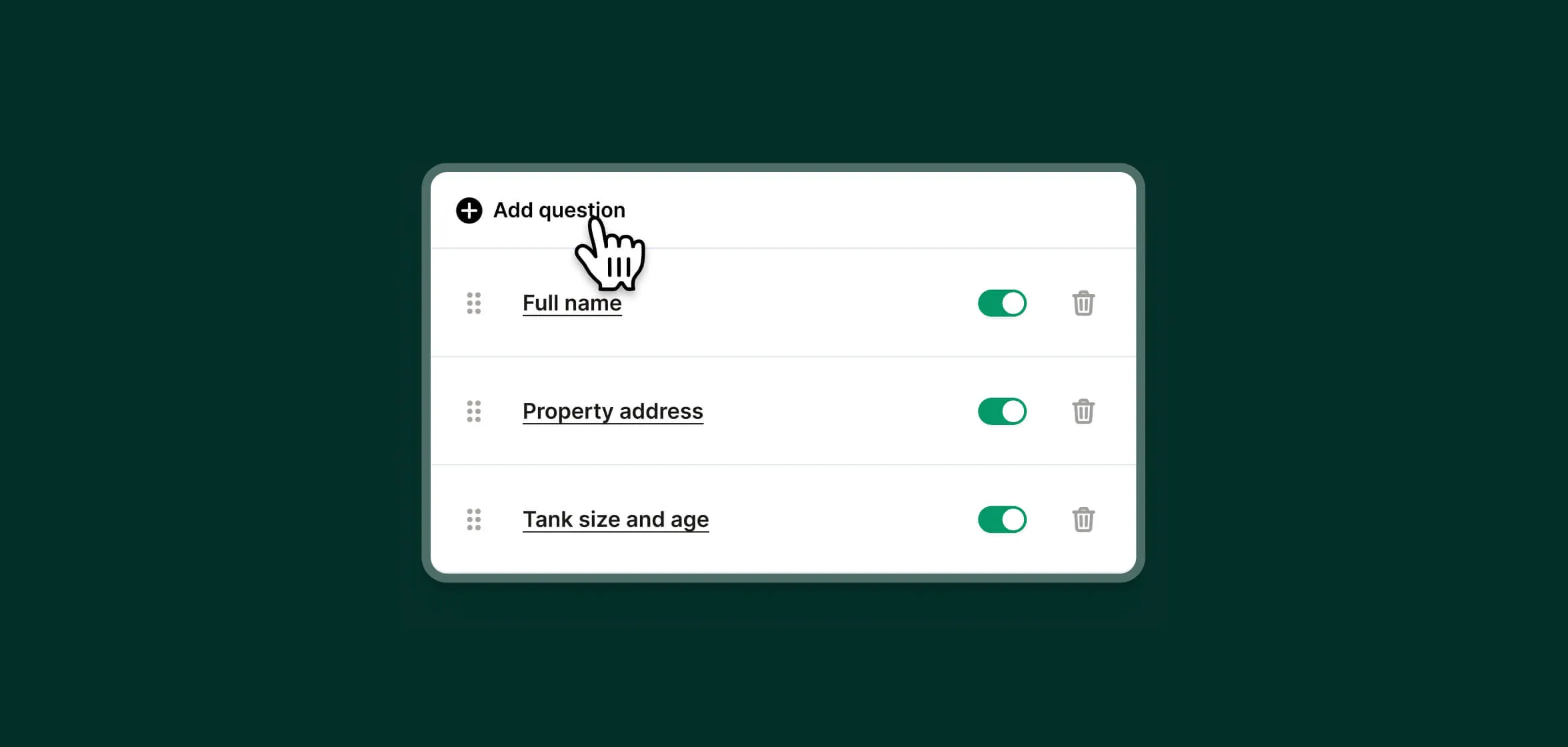 An image showing the ability to customize what information a septic business can collect from callers, such as: name, property address, tank size, age.