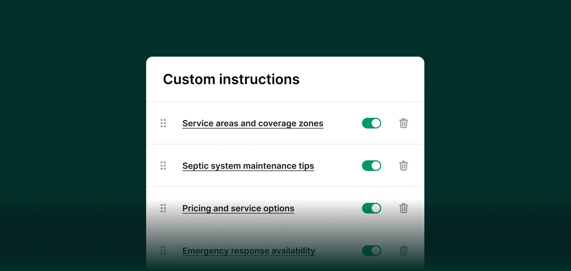 A screenshot of a septic company's knowledge base that contains their service areas, maintenance tips, pricing, and more.