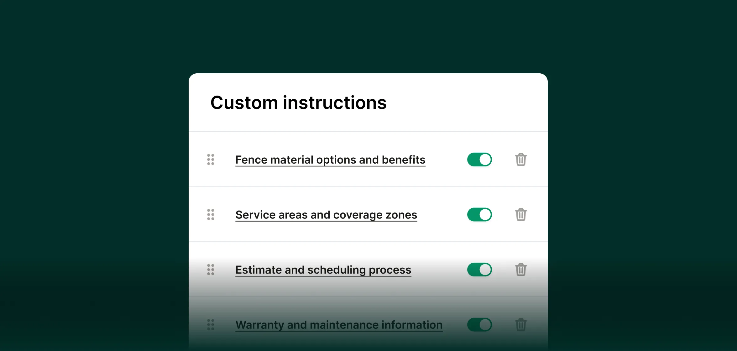 An example of training an AI receptionist from an answering service for fencing companies on the specifics about a fencing company