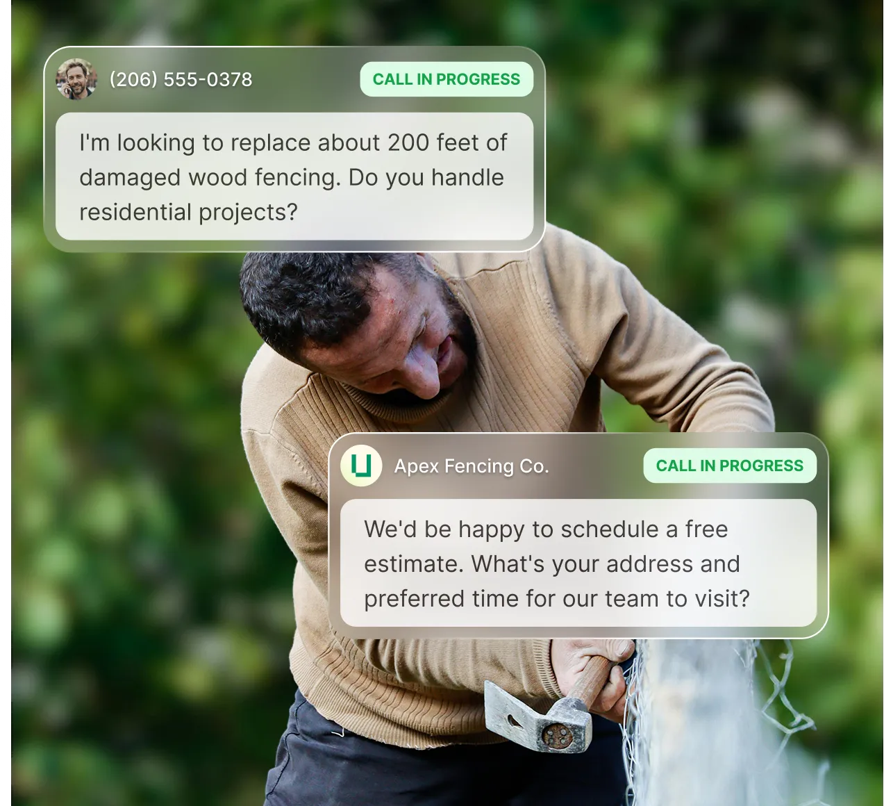 An image of a fencing worker installing a wired fence while a fencing answering service helps a caller with a schedule for free estimation.