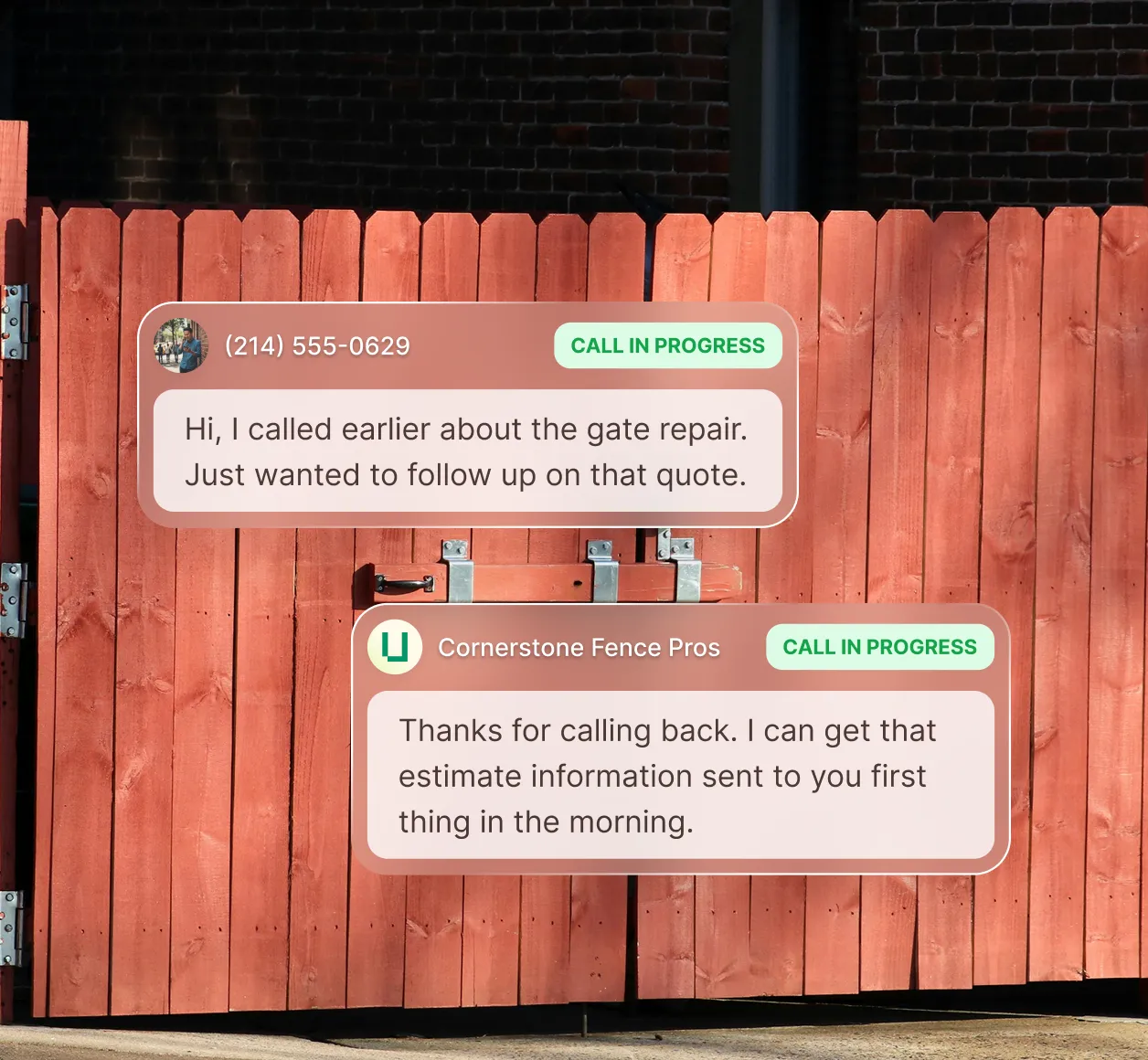 A photo of a red gated fence while a receptionist for a fencing company answers a call from a caller about getting a quote