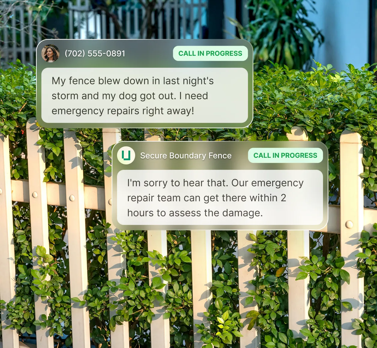 A photo of a nice fence with some bush branches sticking through it, while an answering service for fencing companies responds to a caller about an emergency where a storm blew out their fence.
