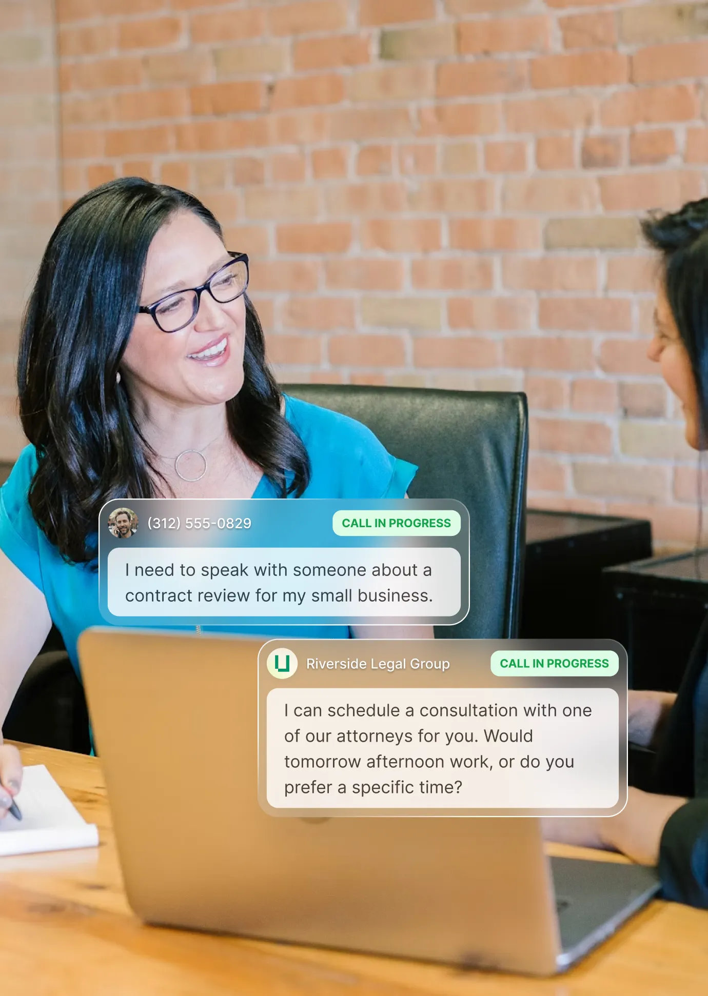 Business ownes speaking to their customer after an AI call center scheduled an appointment.