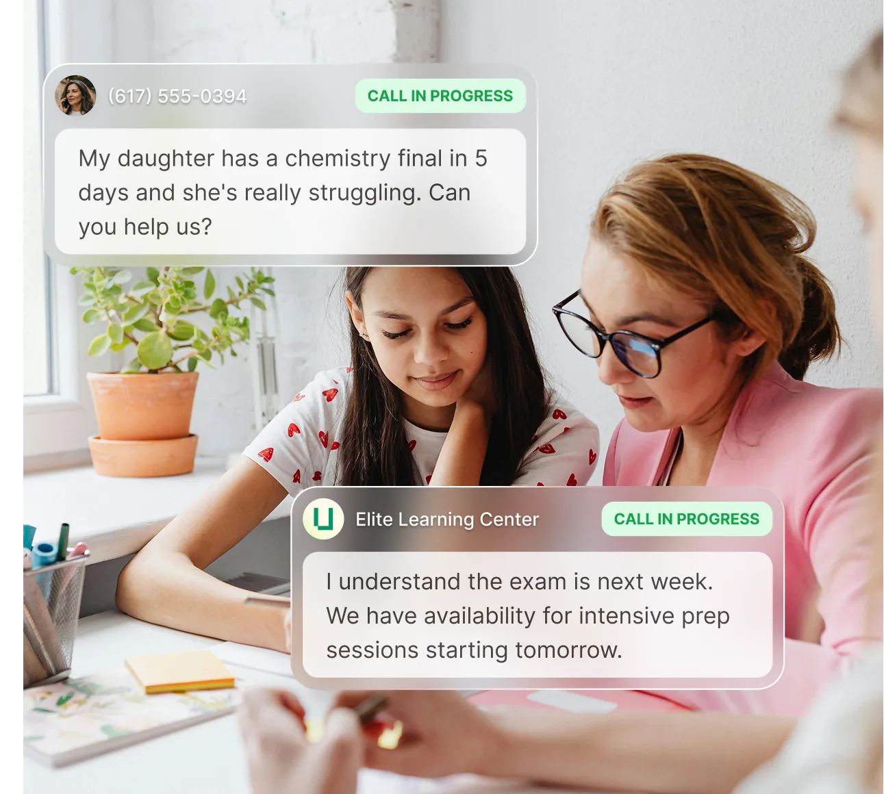 A photo of a tutor and her student going over some school work while an answer service for tutors answers a question about exam practice