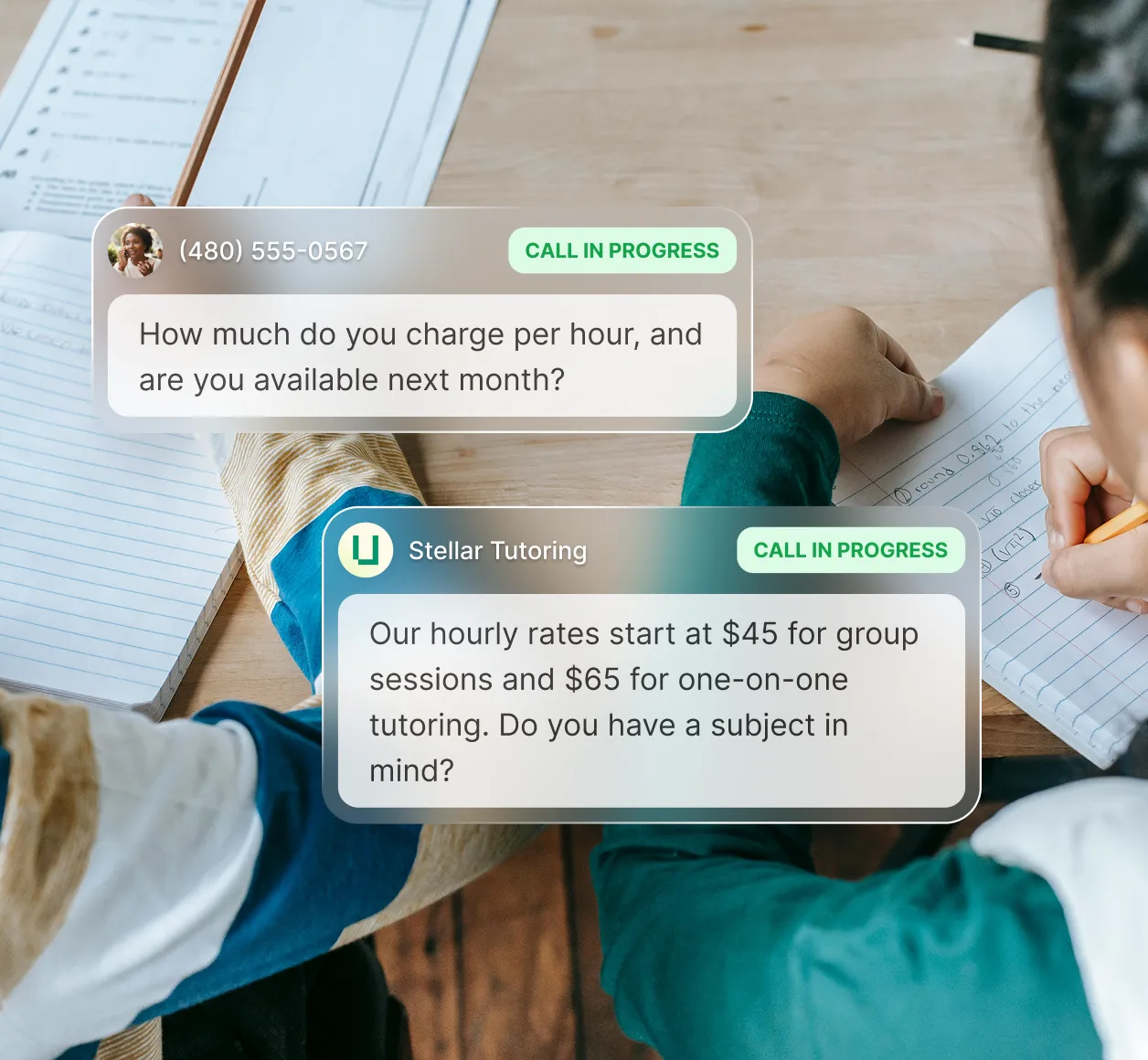 An image of some students working on some school work at a desk while the tutoring answering service answers a question about rates.