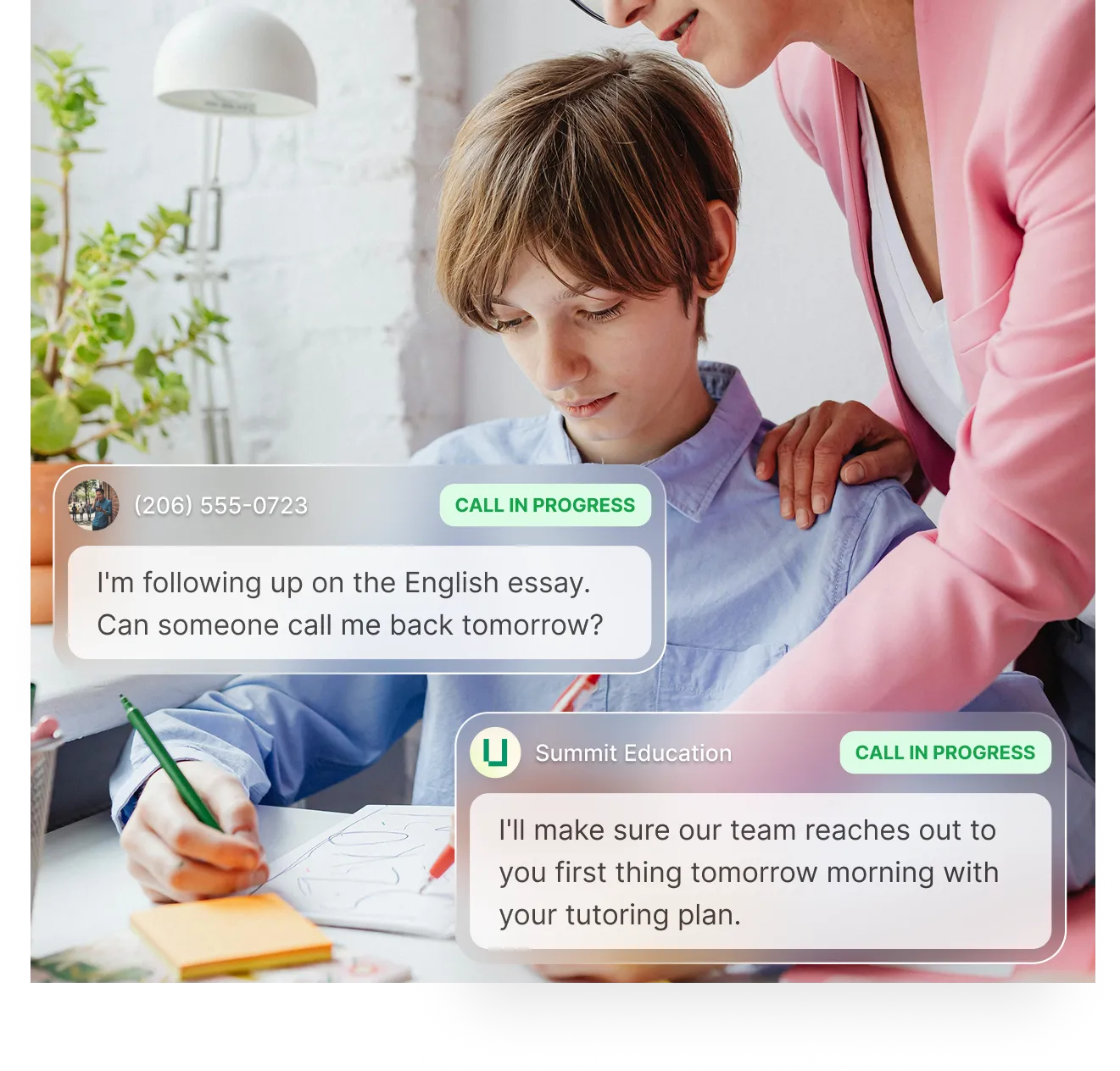 A photo of a student getting help from a tutor in a bright office while a tutoring answering service responds to a question about a call back on an English essay.