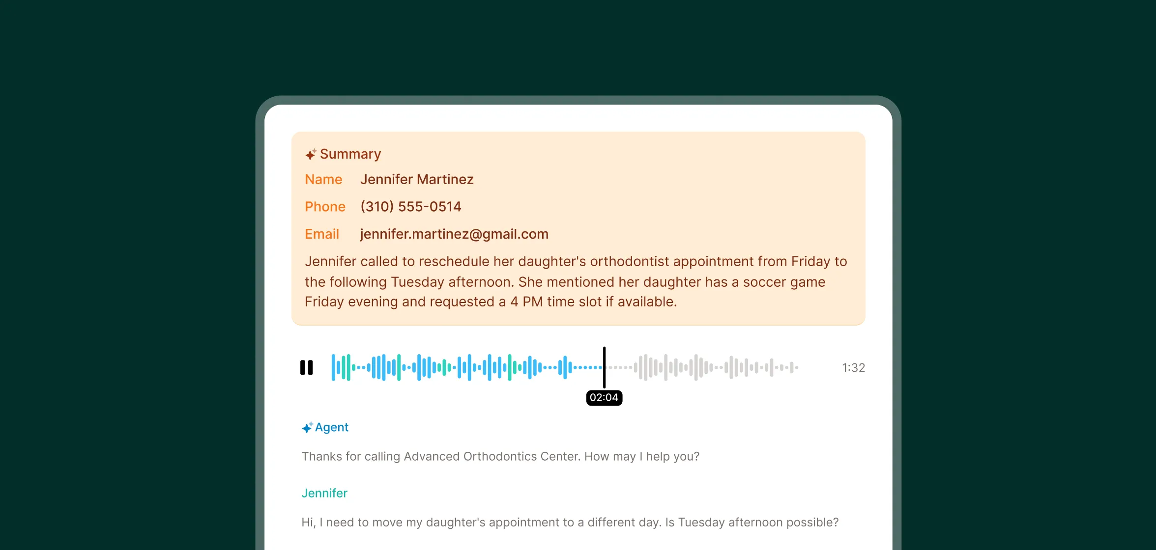 An example of a call recording and transcript that you receive from Upfirst after taking a call while using outsourced receptionist services