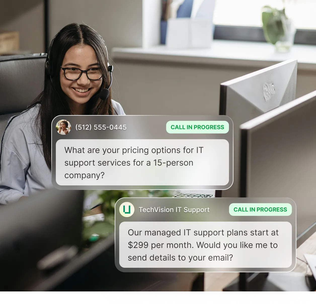 A smiling receptionist at a computer while an outsourced receptionist service answers a call for an IT company about pricing.